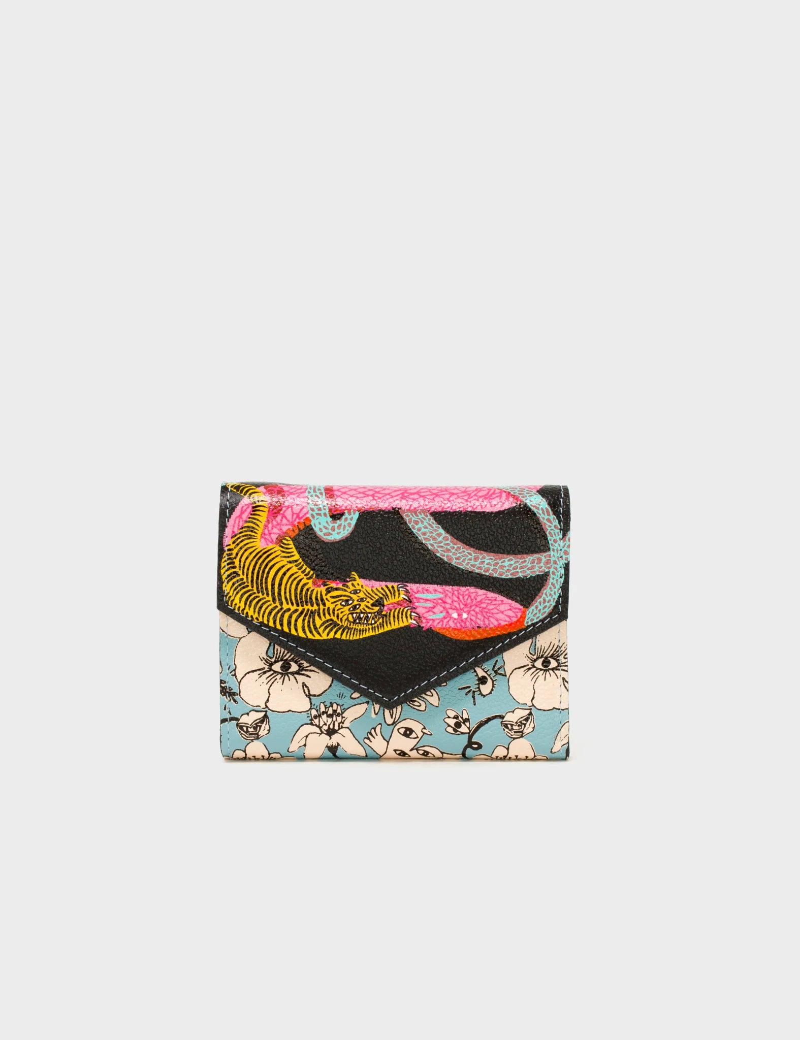 Cameo Blue Leather Wallet - Tangle, Snake and Flowers Print