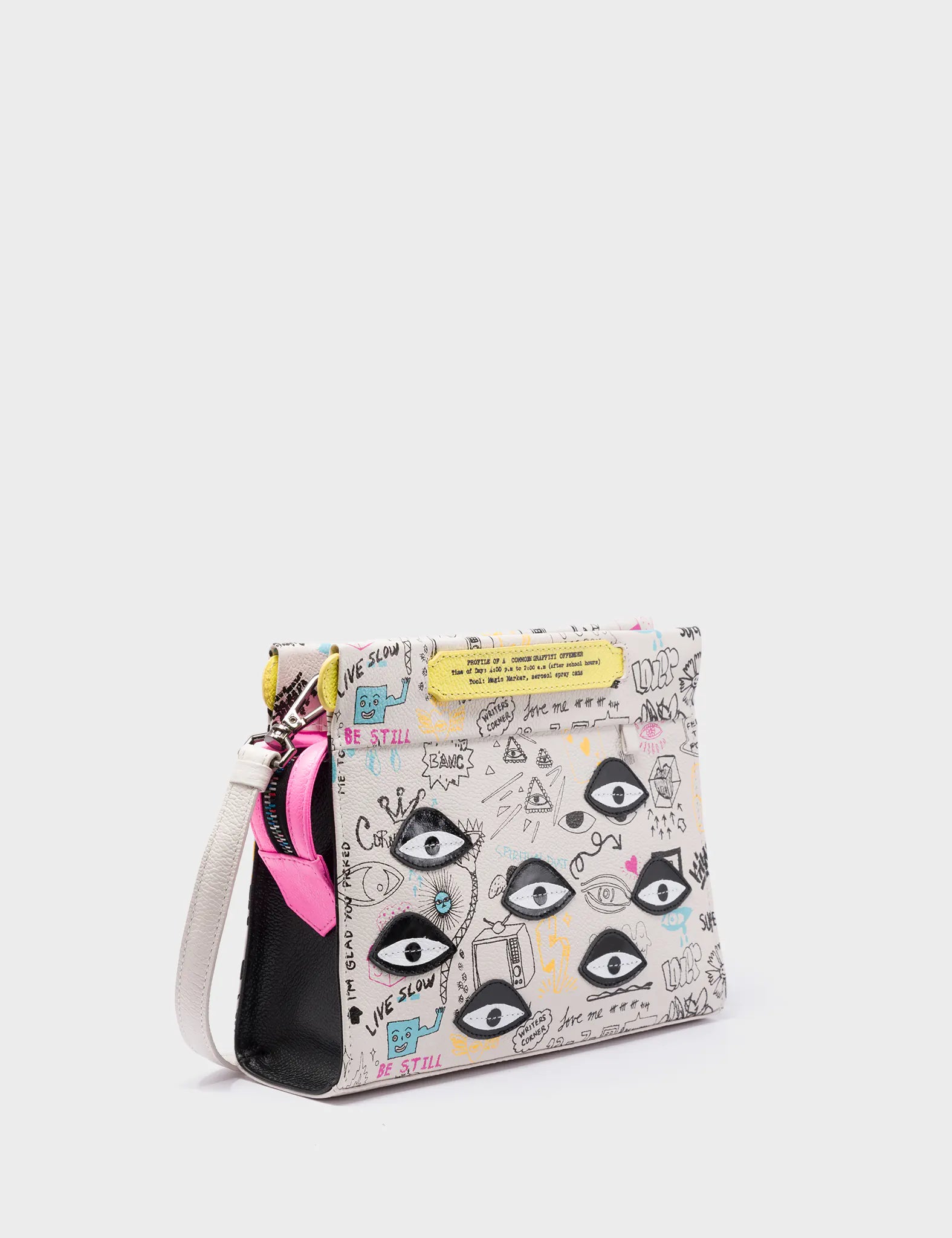 Vali Crossbody Small Cream Leather Bag - Urban Doodles Print and Eyes Applique - Main view