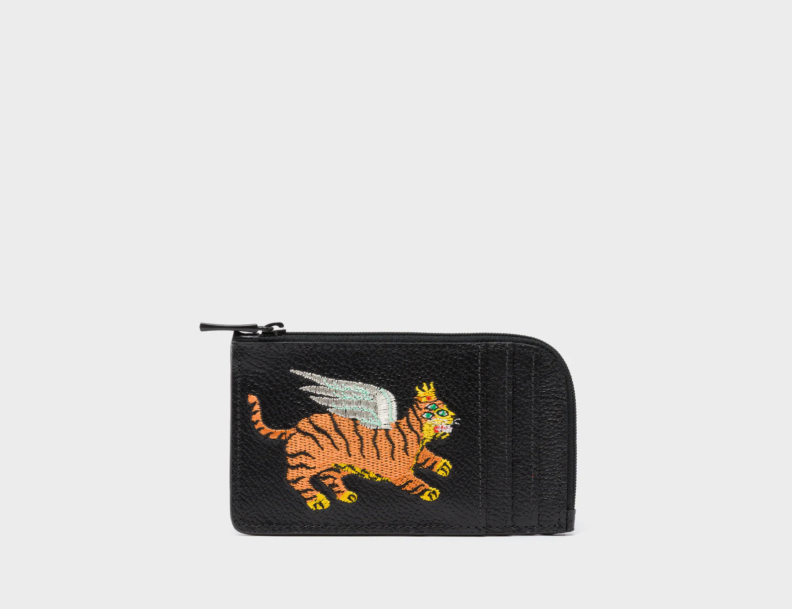 Fausto Black Leather Zip-around Cardholder - Flying Tiger Embroidery - Front View