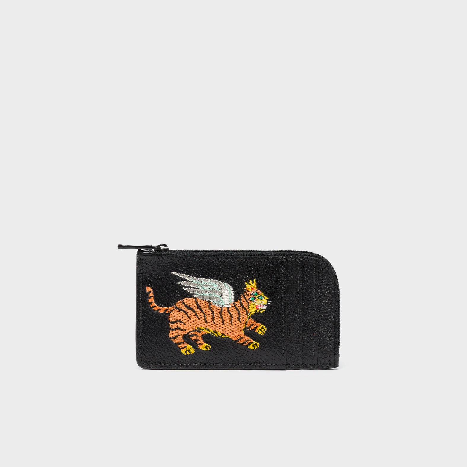 Fausto Black Leather Zip-around Cardholder - Flying Tiger Embroidery - Front View