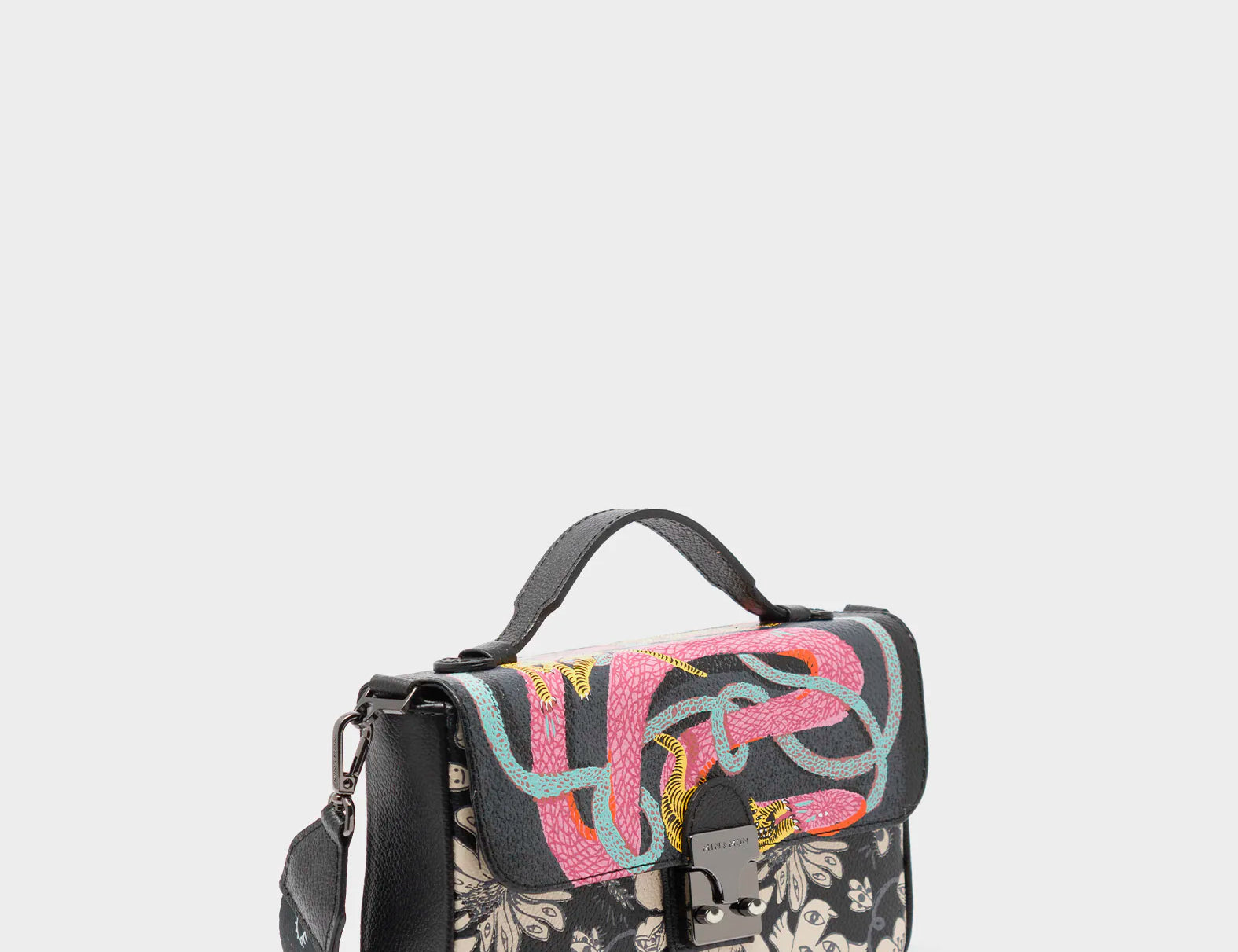 Amantis Black Leather Crossbody Mini Handbag - Tiger and Snake Design - Main View