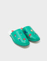 Deep Green Leather Slippers - Fungi, Birds & Smiley Face Embroidery