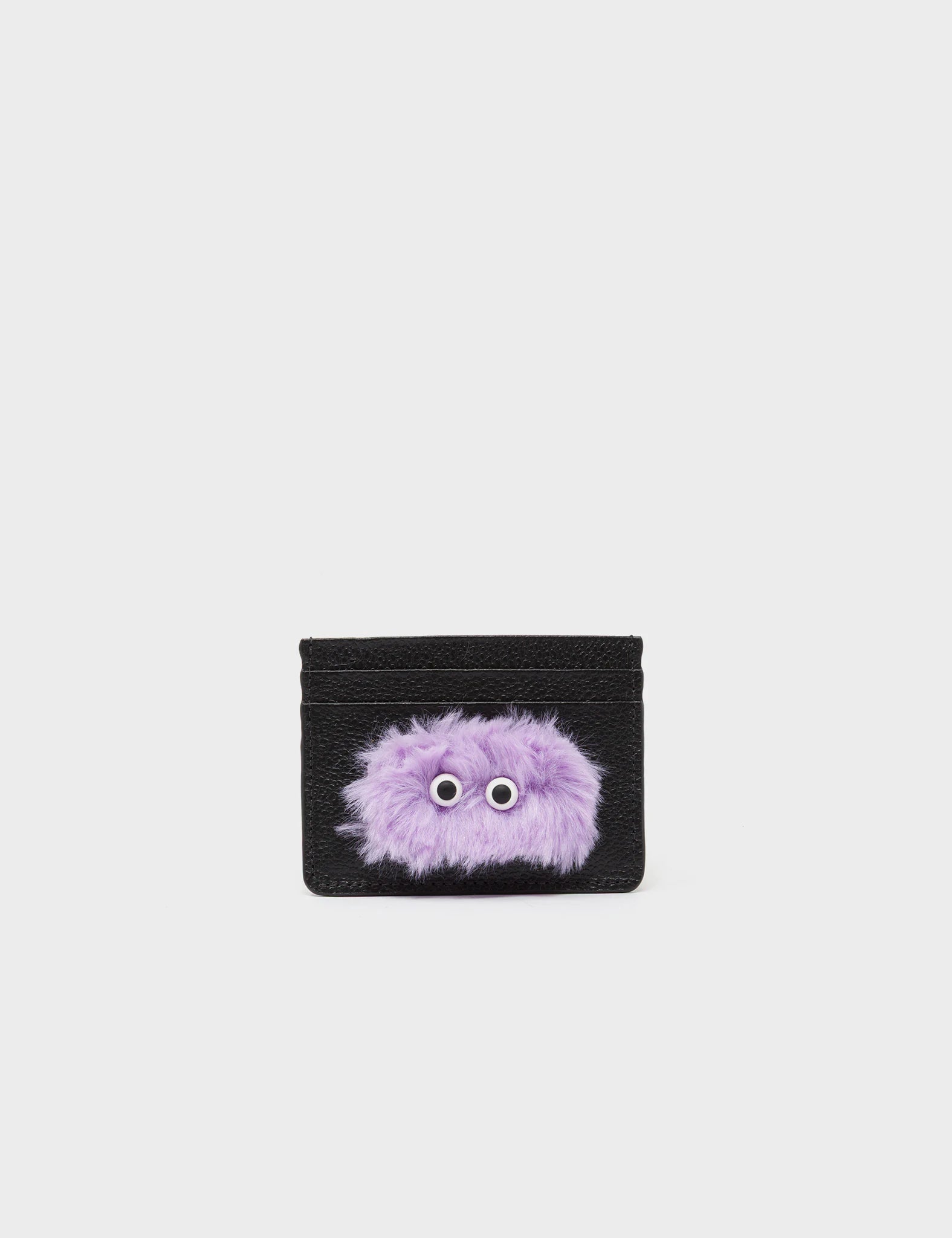 Filium Black and Lavender Leather Cardholder - Fuzzy Monster Applique - Front