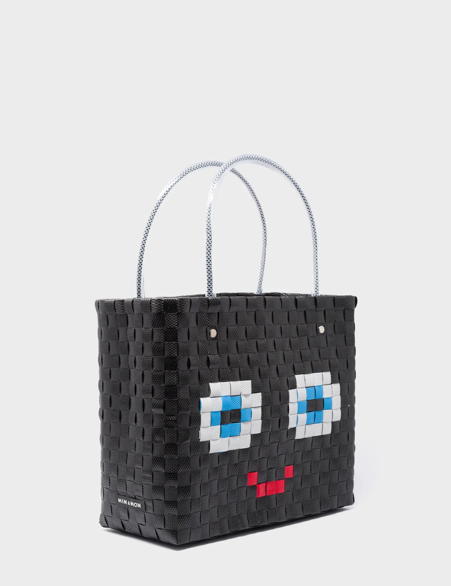Medium Black Handwoven Market Bag - Happy Face Design