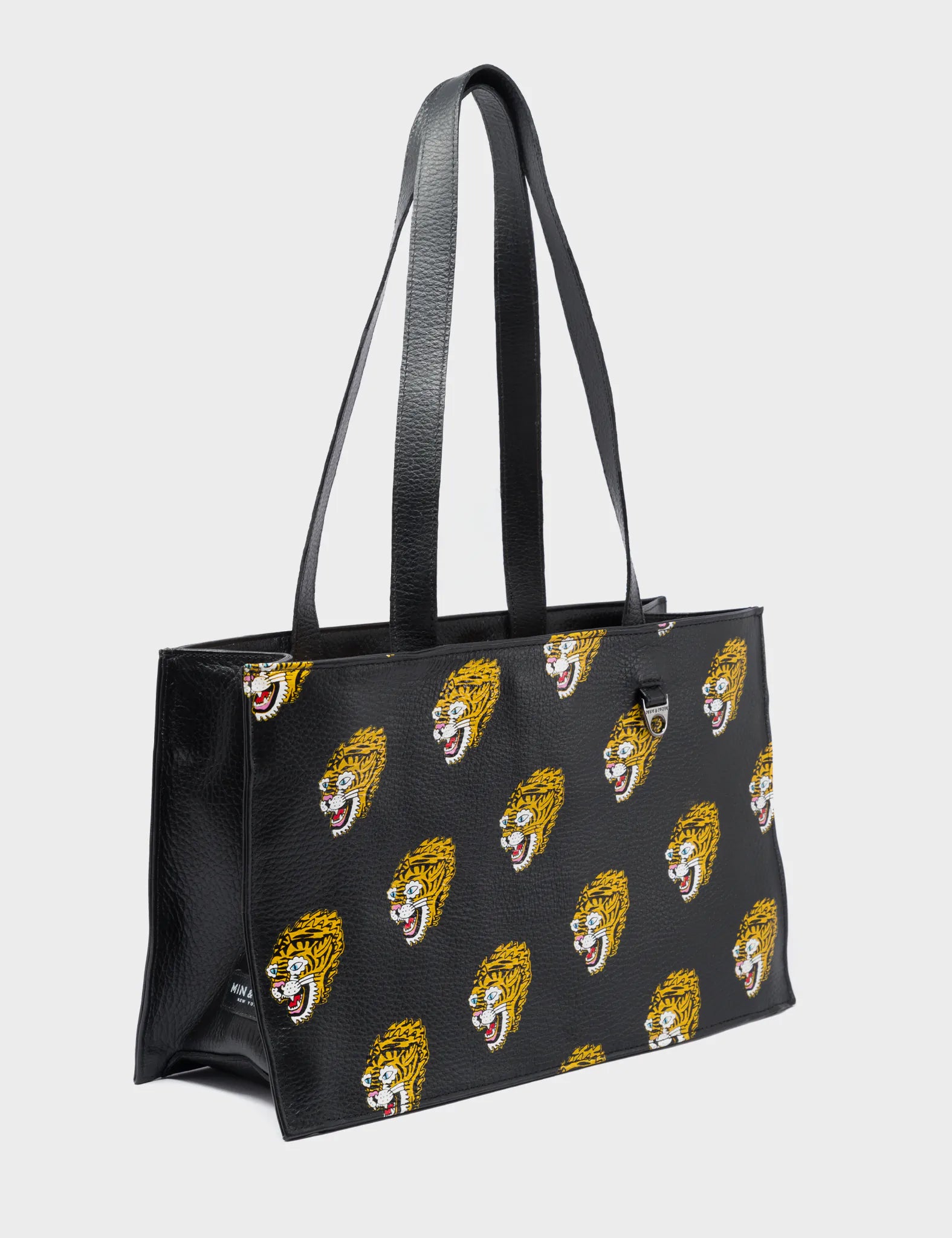 Marko Small Black Leather Tote Bag - Blazing Tiger Print - Main View