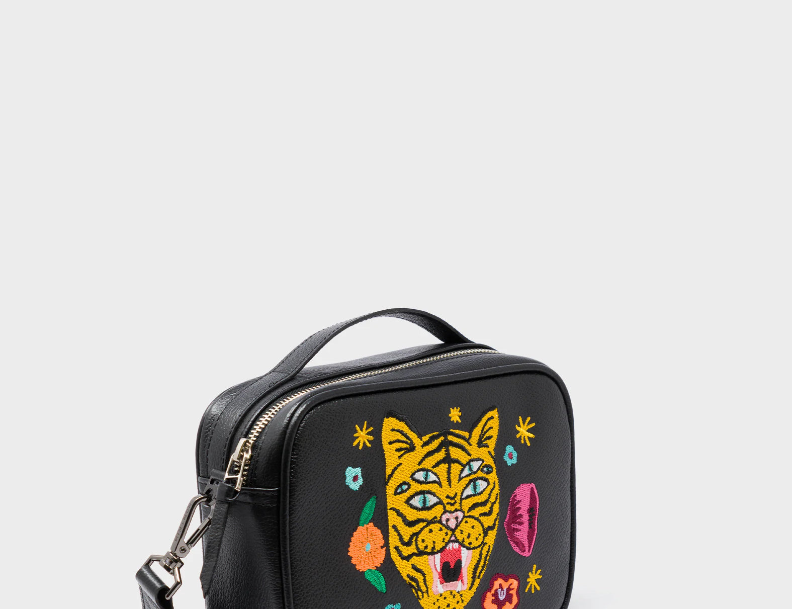 Verto Black Leather Crossbody Bag - Tiger and Flowers Embroidery - Main View