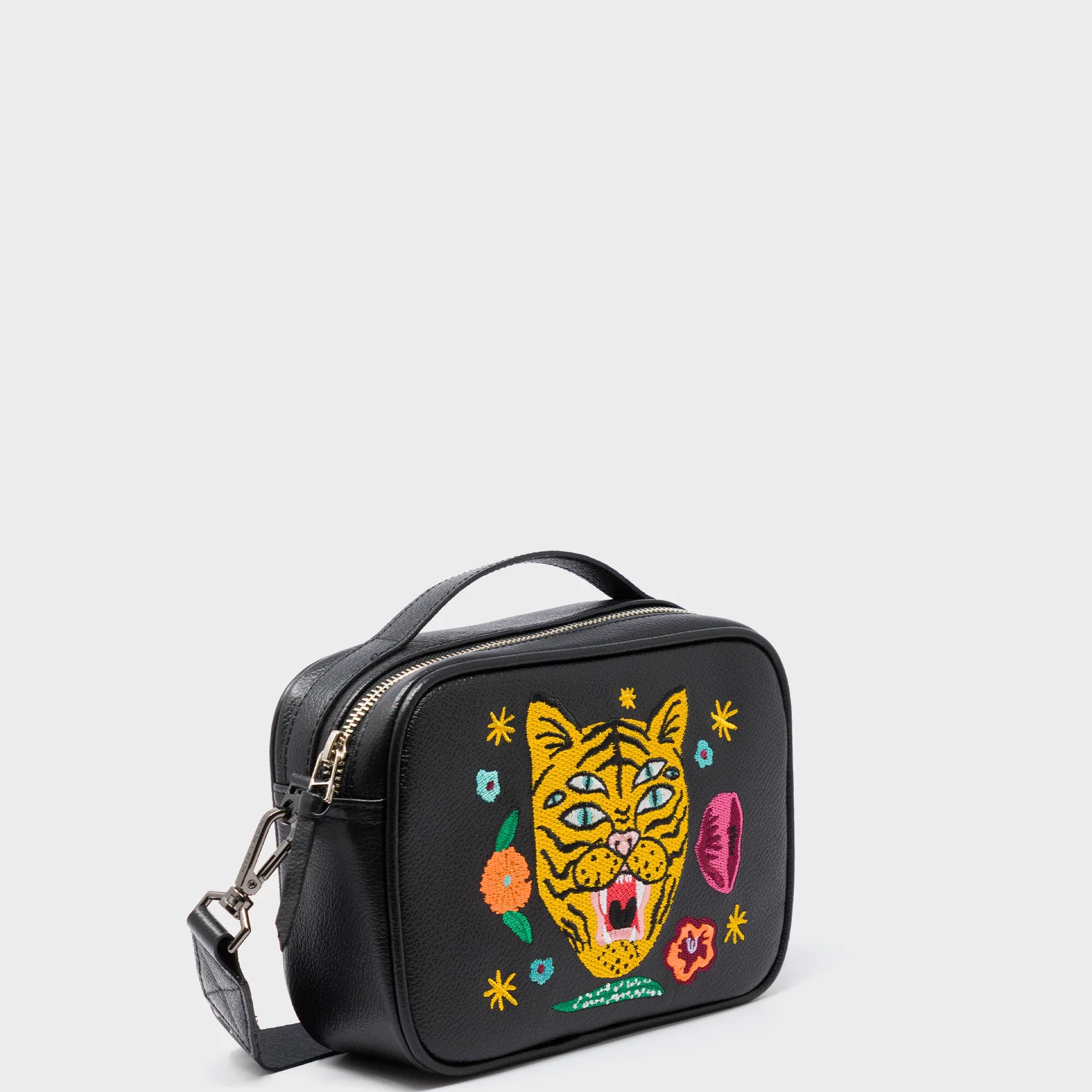 Verto Black Leather Crossbody Bag - Tiger and Flowers Embroidery - Main View