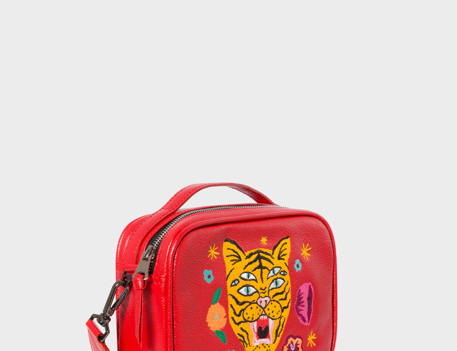 Verto Jester Red Leather Crossbody Bag - Happy Tiger Embroidery - Main View