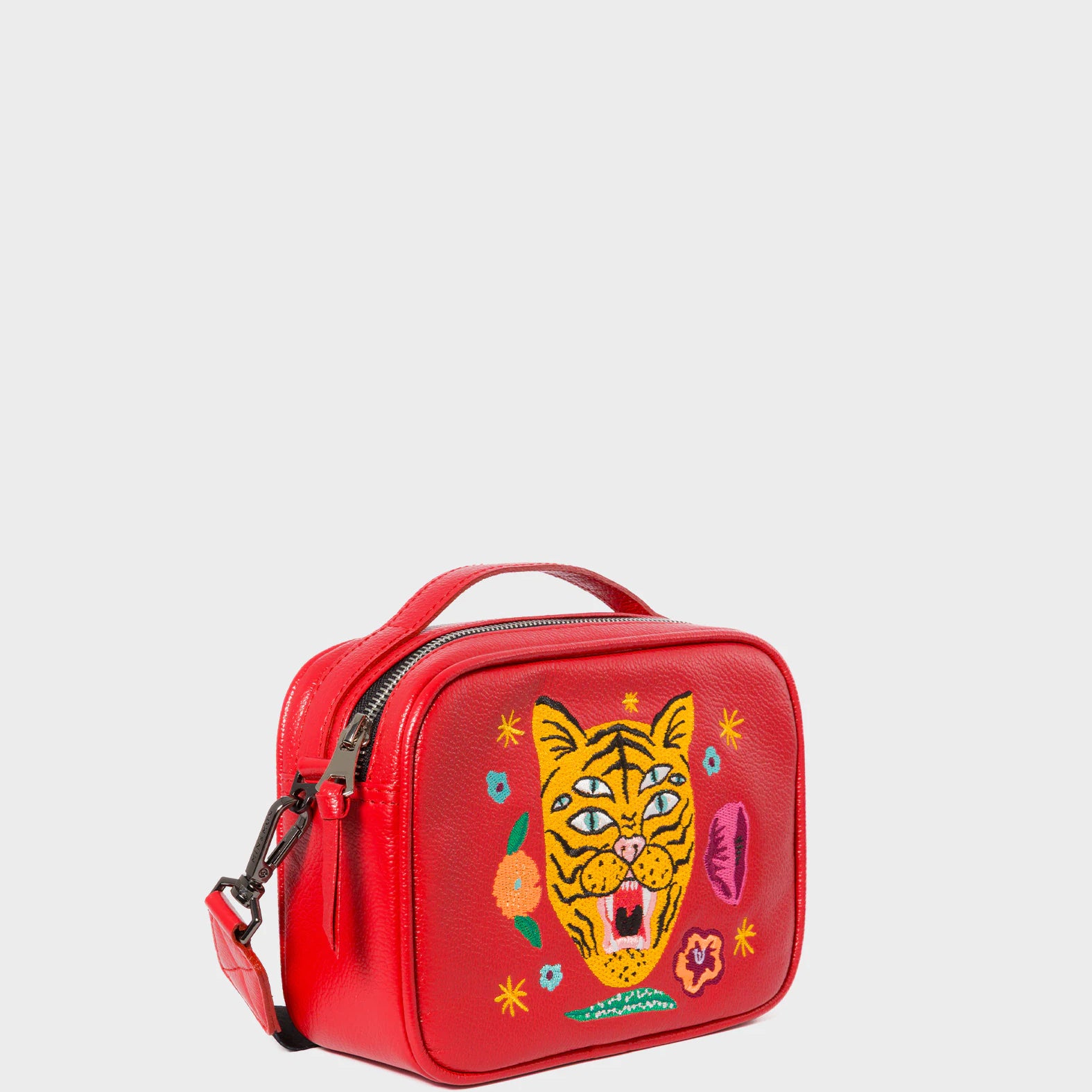 Verto Jester Red Leather Crossbody Bag - Happy Tiger Embroidery - Main View