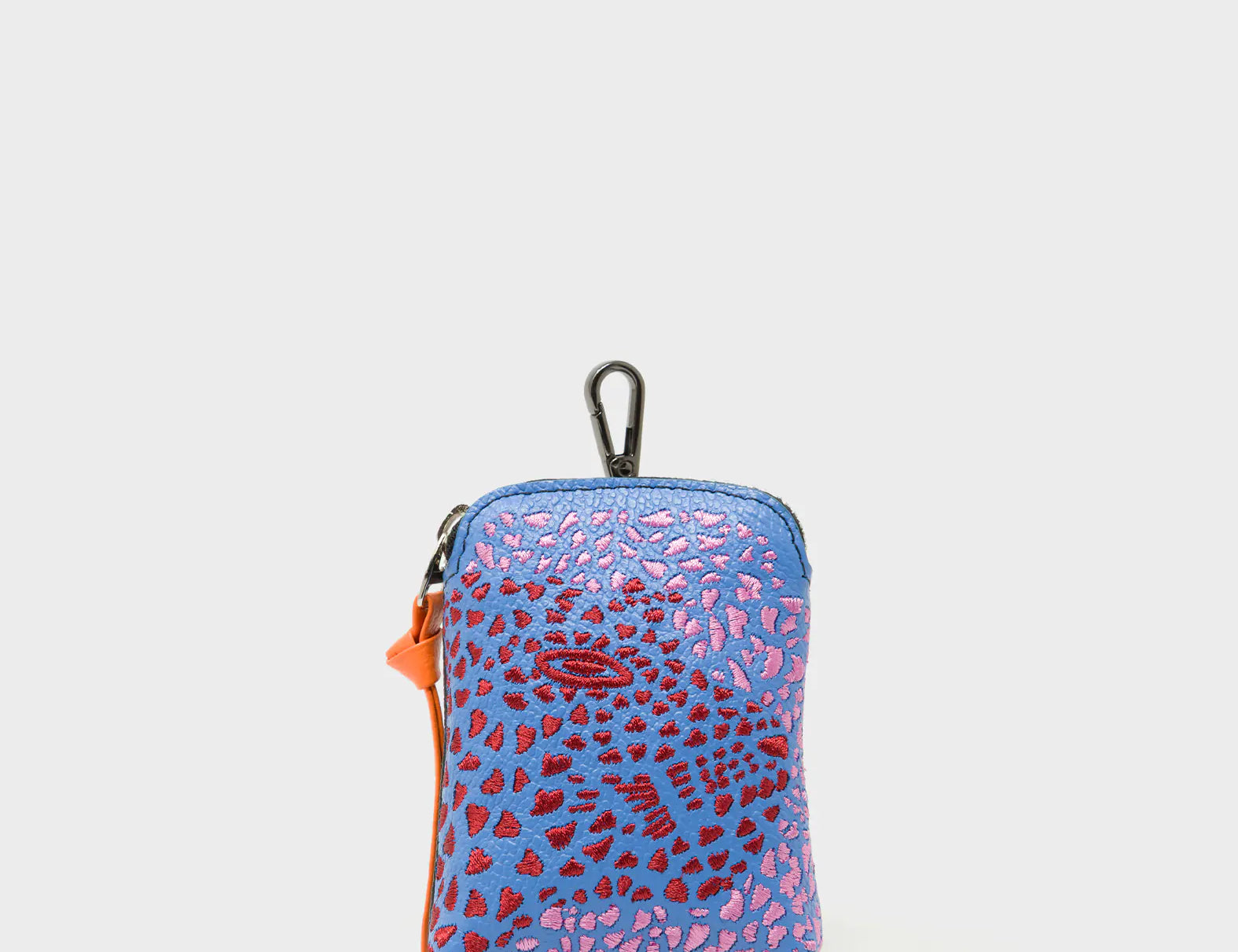 Florence Pouch Charm - Vista Blue Leather Keychain Retro Tiger Embroidery - Front View