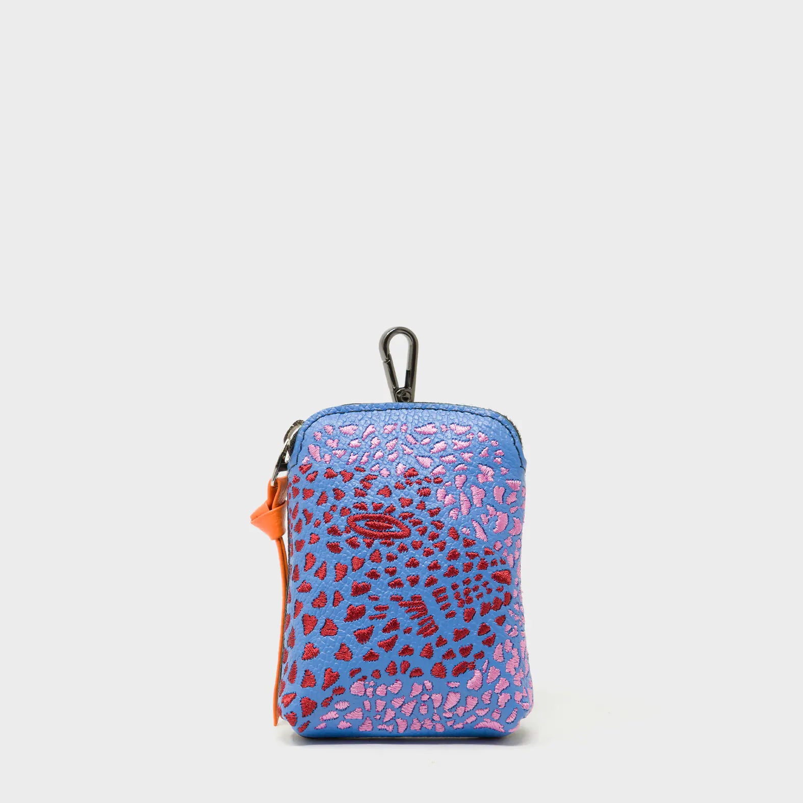 Florence Pouch Charm - Vista Blue Leather Keychain Retro Tiger Embroidery - Front View