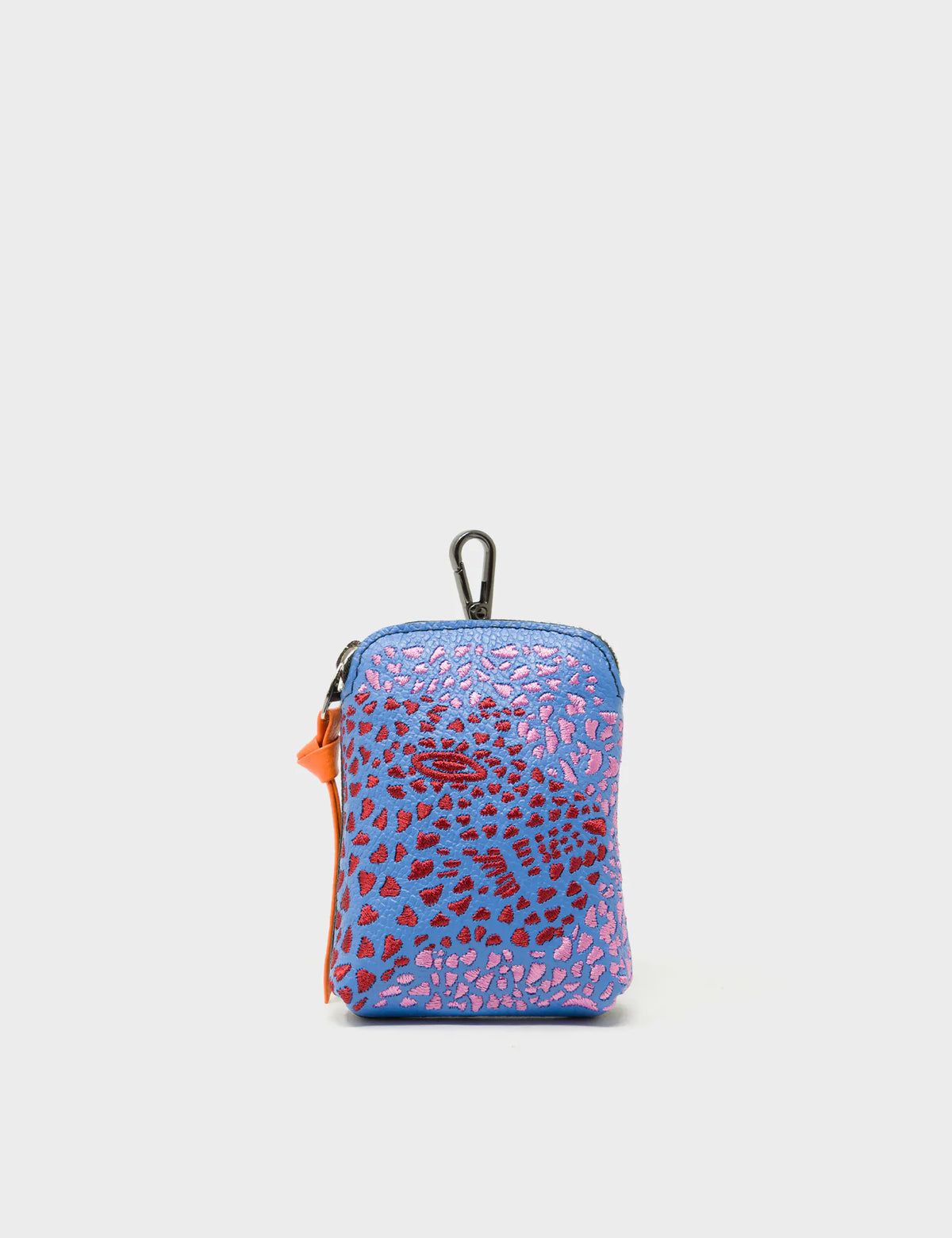 Florence Pouch Charm - Vista Blue Leather Keychain Retro Tiger Embroidery - Front View