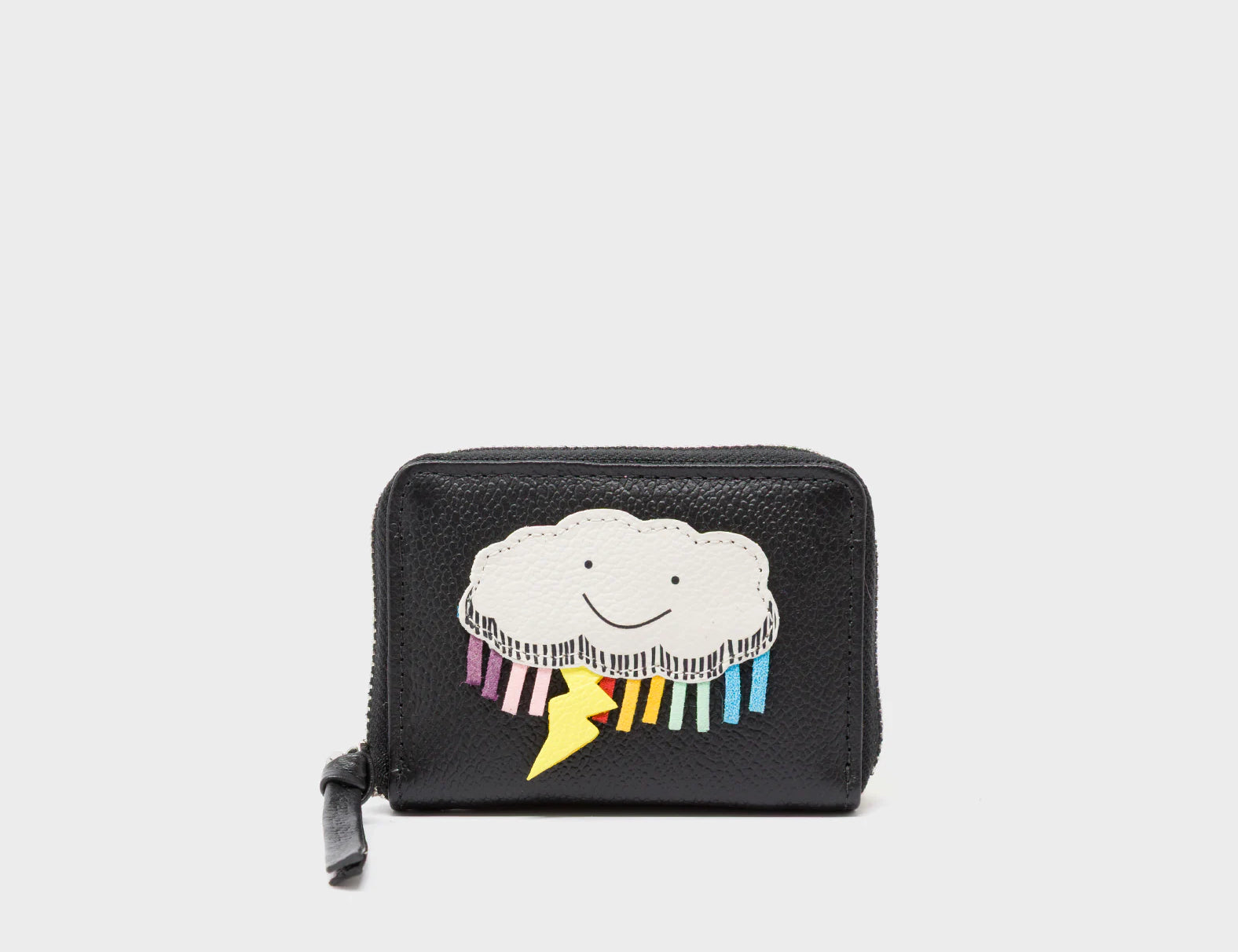 Frodo Black Leather Zip Around Wallet - Happy Cloud Applique - Front