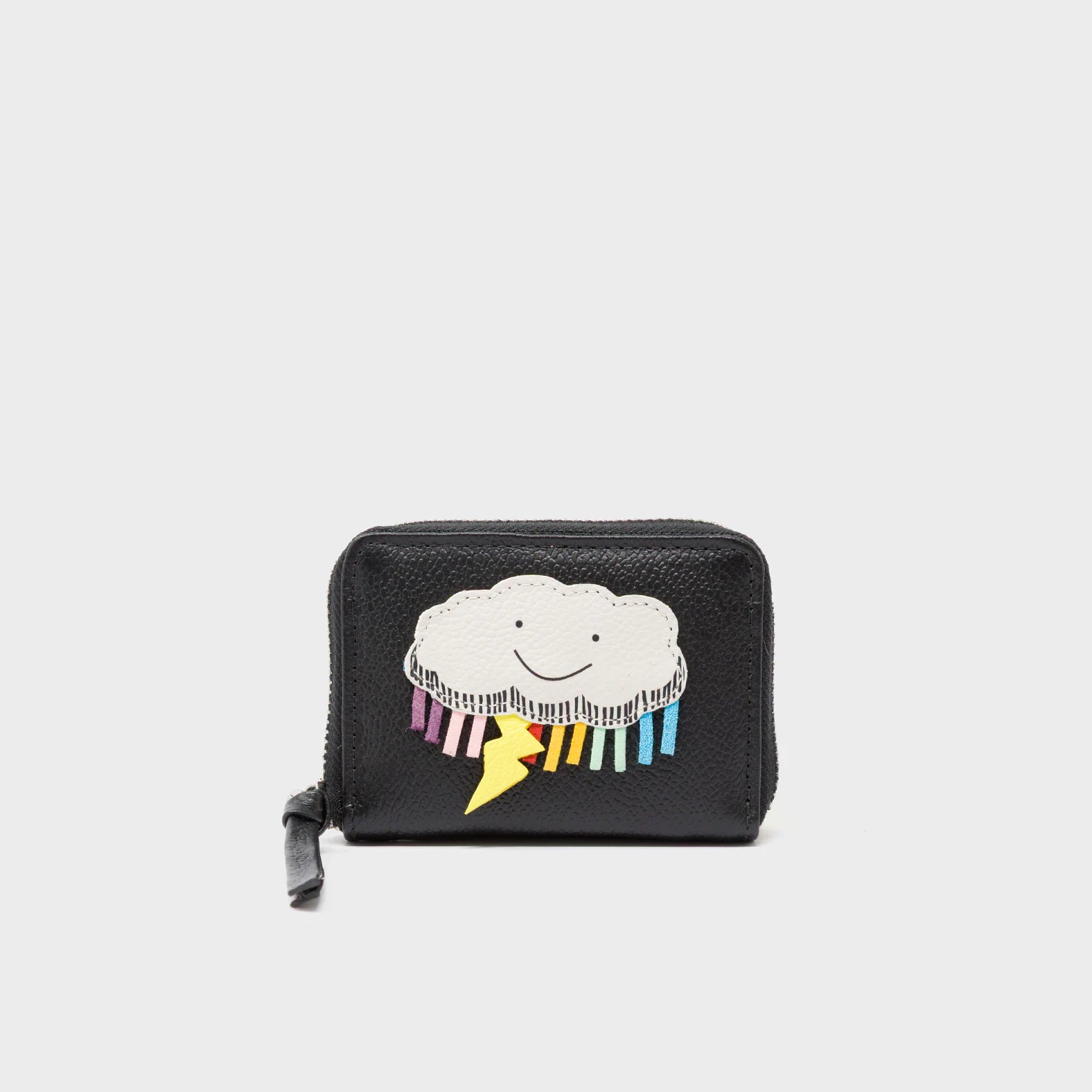 Frodo Black Leather Zip Around Wallet - Happy Cloud Applique - Front