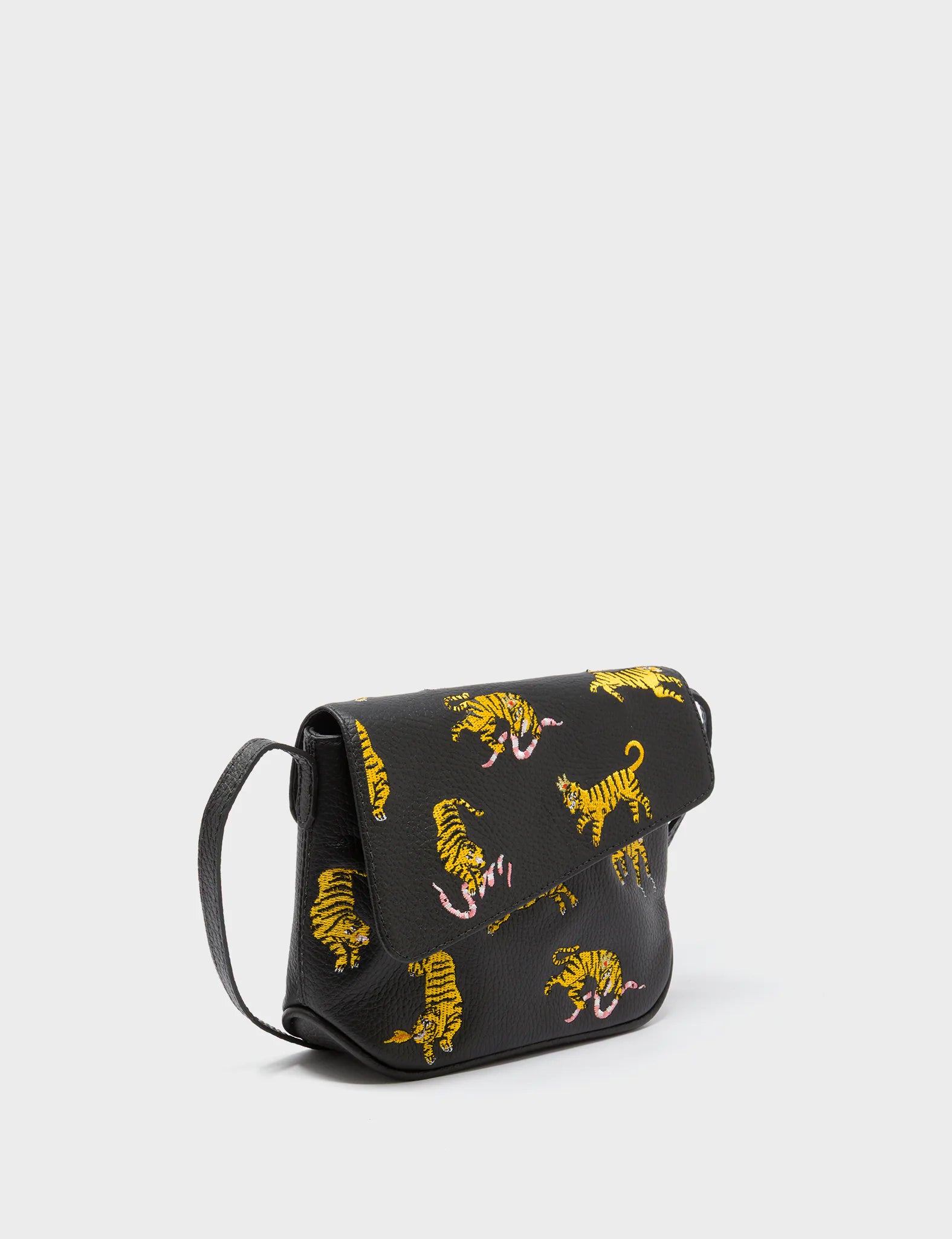 Bruno Mini Crossbody Black Leather Bag - Tigers Pattern - Main View
