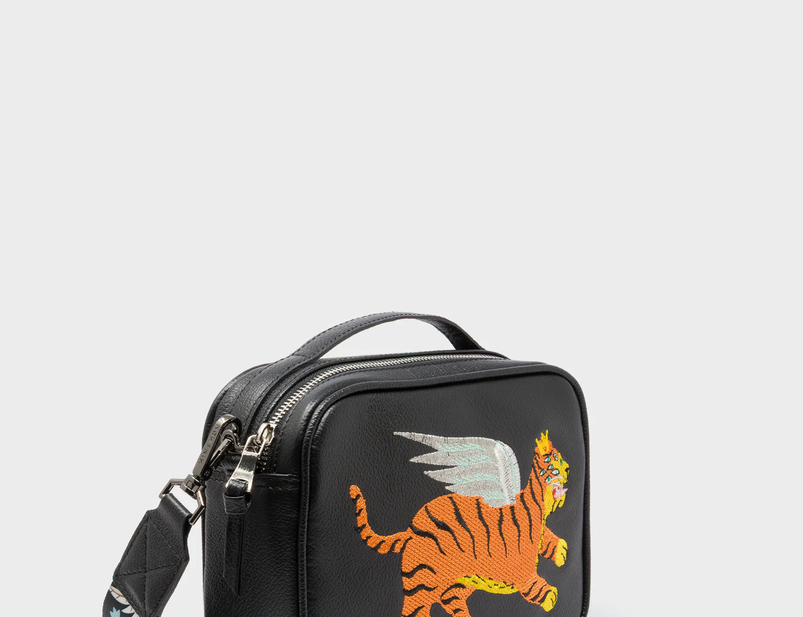 Verto Black Leather Crossbody Bag - Winged Tiger Embroidery - Main View