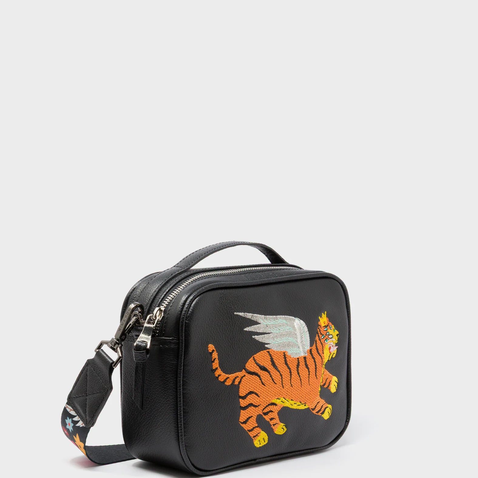 Verto Black Leather Crossbody Bag - Winged Tiger Embroidery - Main View