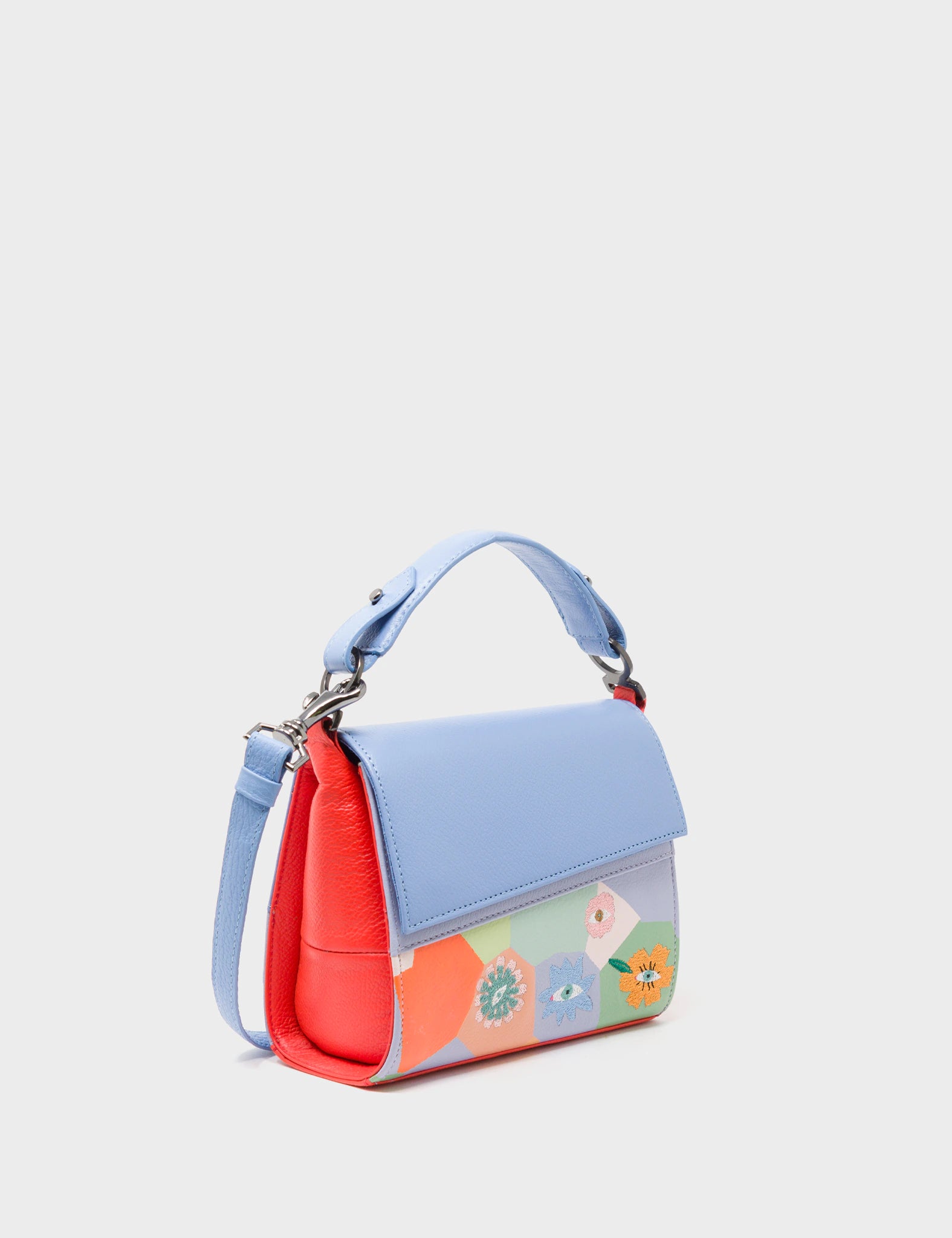 Micro Crossbody Handbag Blue and Red Leather - Camouflaged and flowers Embroidery
