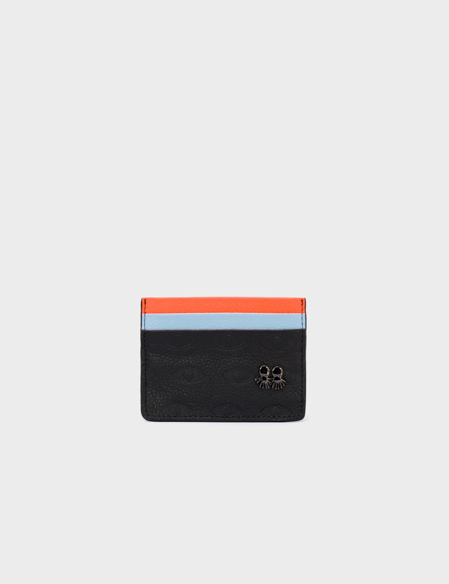 Filium Wallet Black And Neon Orange Leather Cardholder - Eyes Pattern Debossed