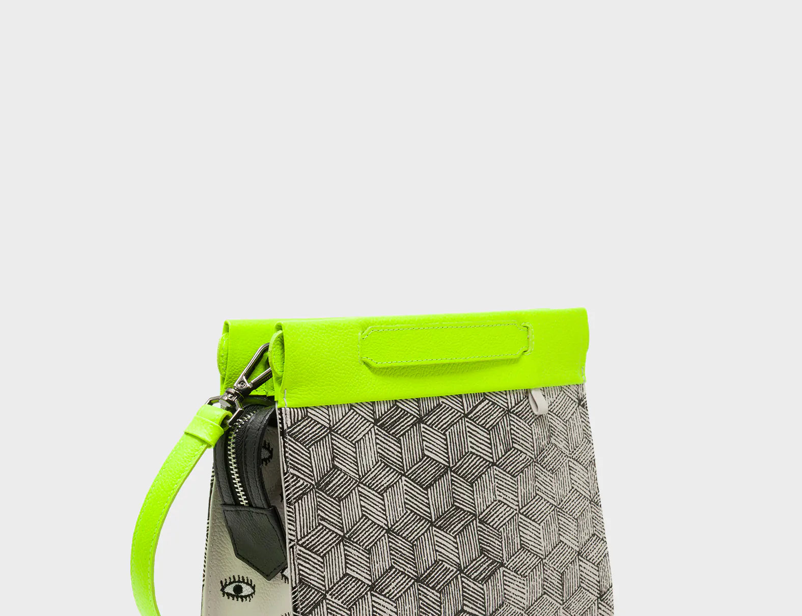 Vali Small Crossbody Cream and Neon Green Leather Bag - Cubes Print - Main View