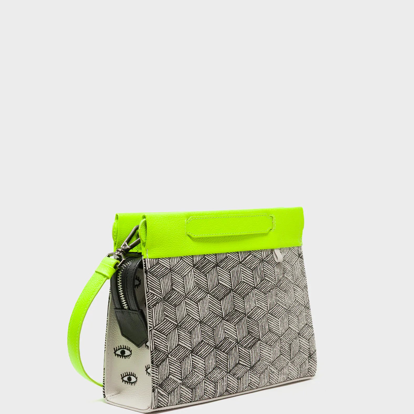 Vali Small Crossbody Cream and Neon Green Leather Bag - Cubes Print - Main View
