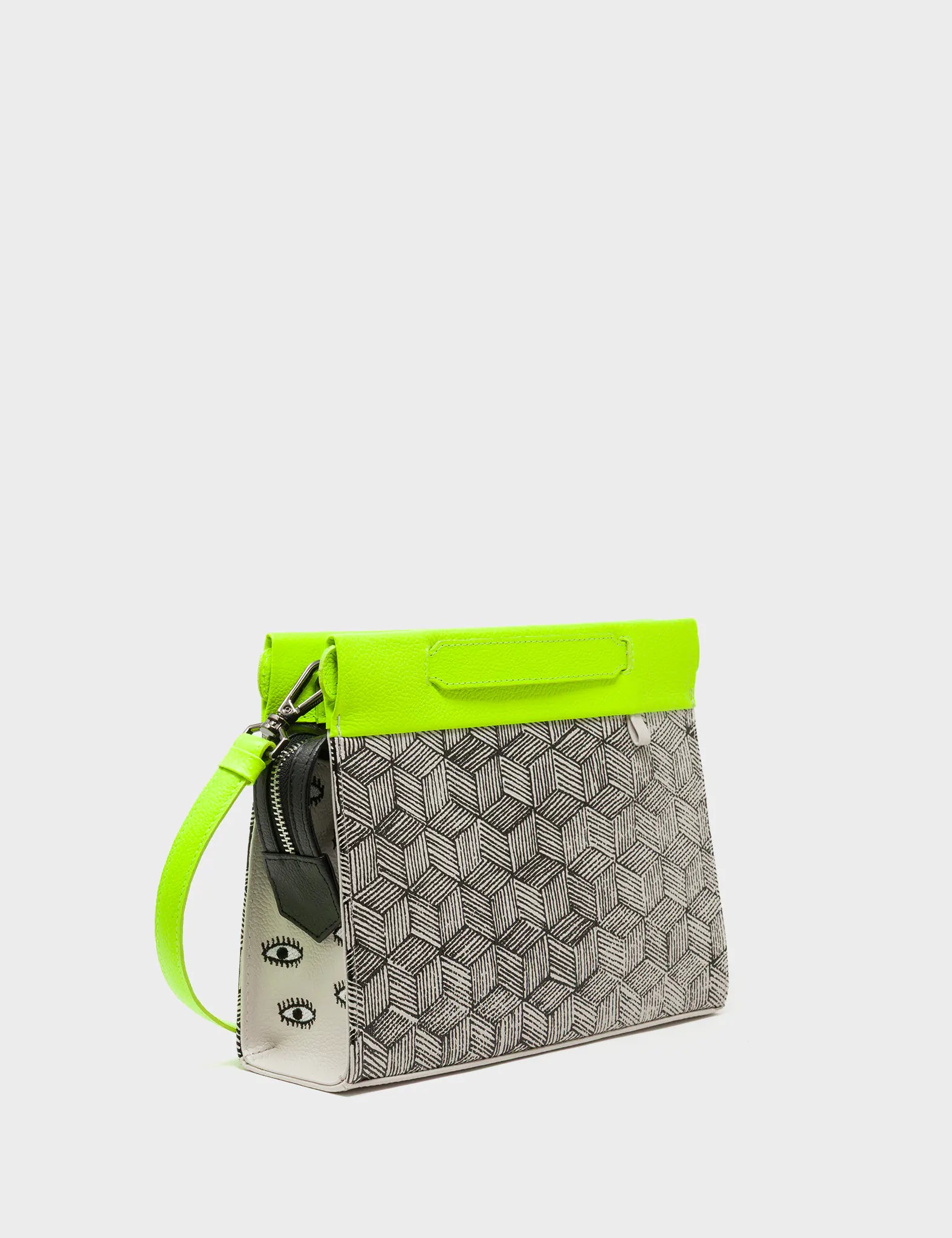 Vali Small Crossbody Cream and Neon Green Leather Bag - Cubes Print - Main View