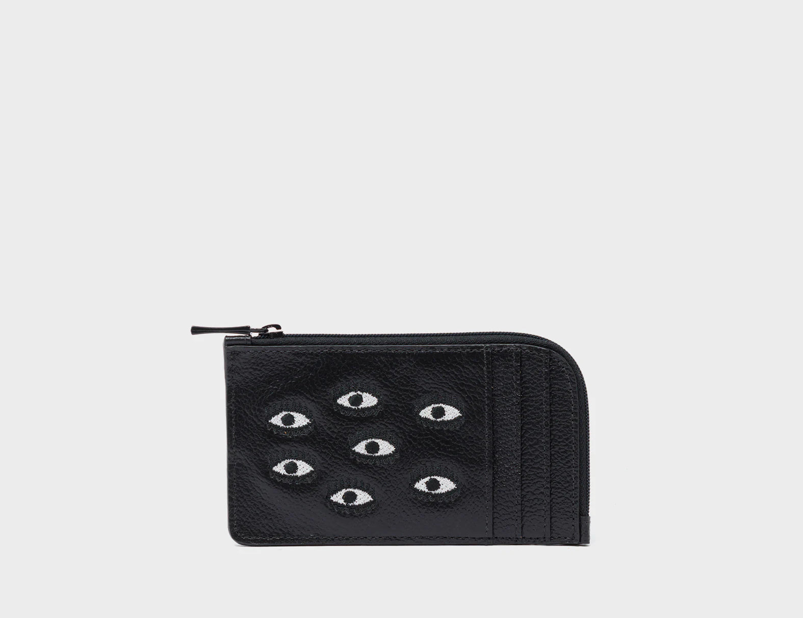 Fausto Black Leather Zip-around Cardholder - All Over Eyes Embroidery - Front View
