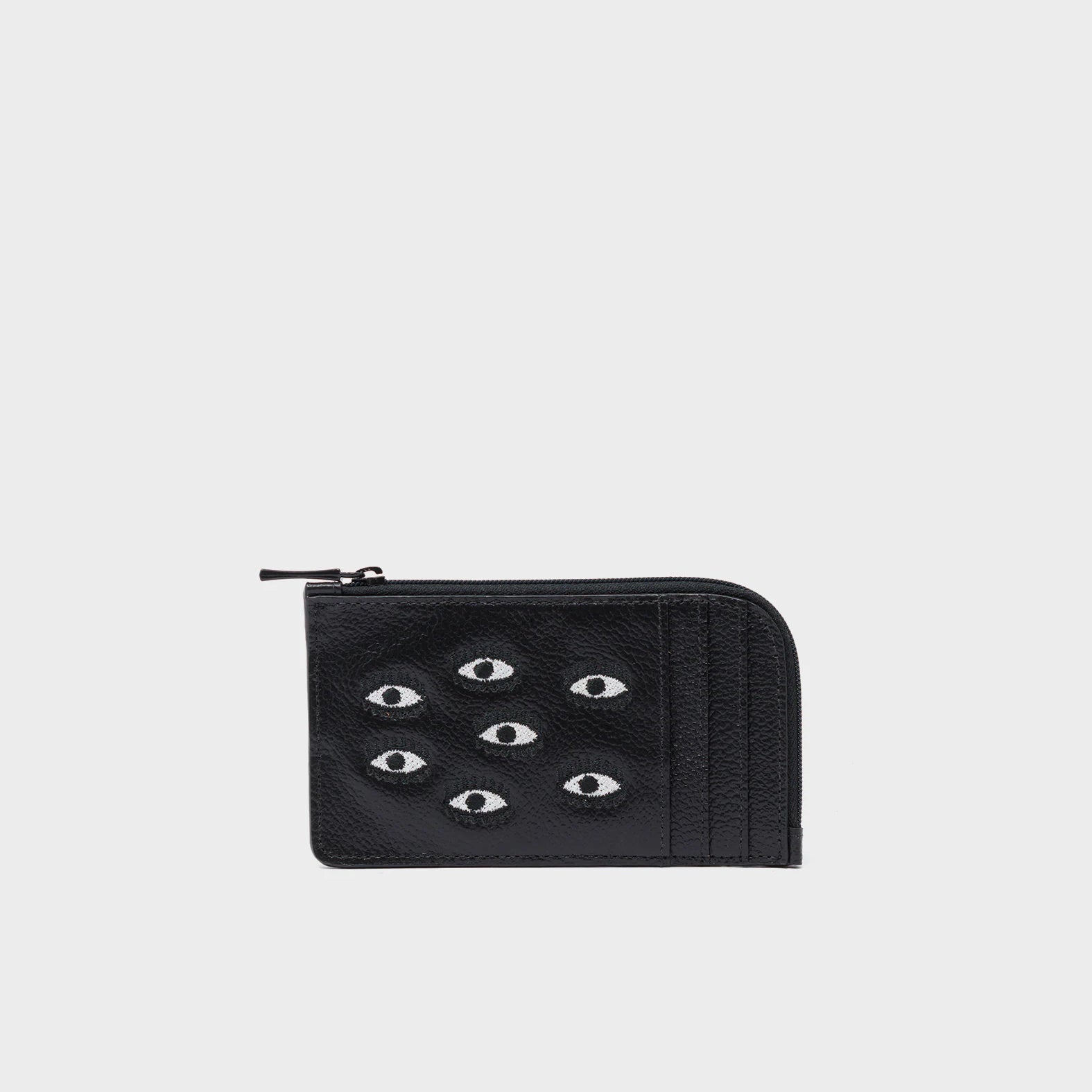 Fausto Black Leather Zip-around Cardholder - All Over Eyes Embroidery - Front View