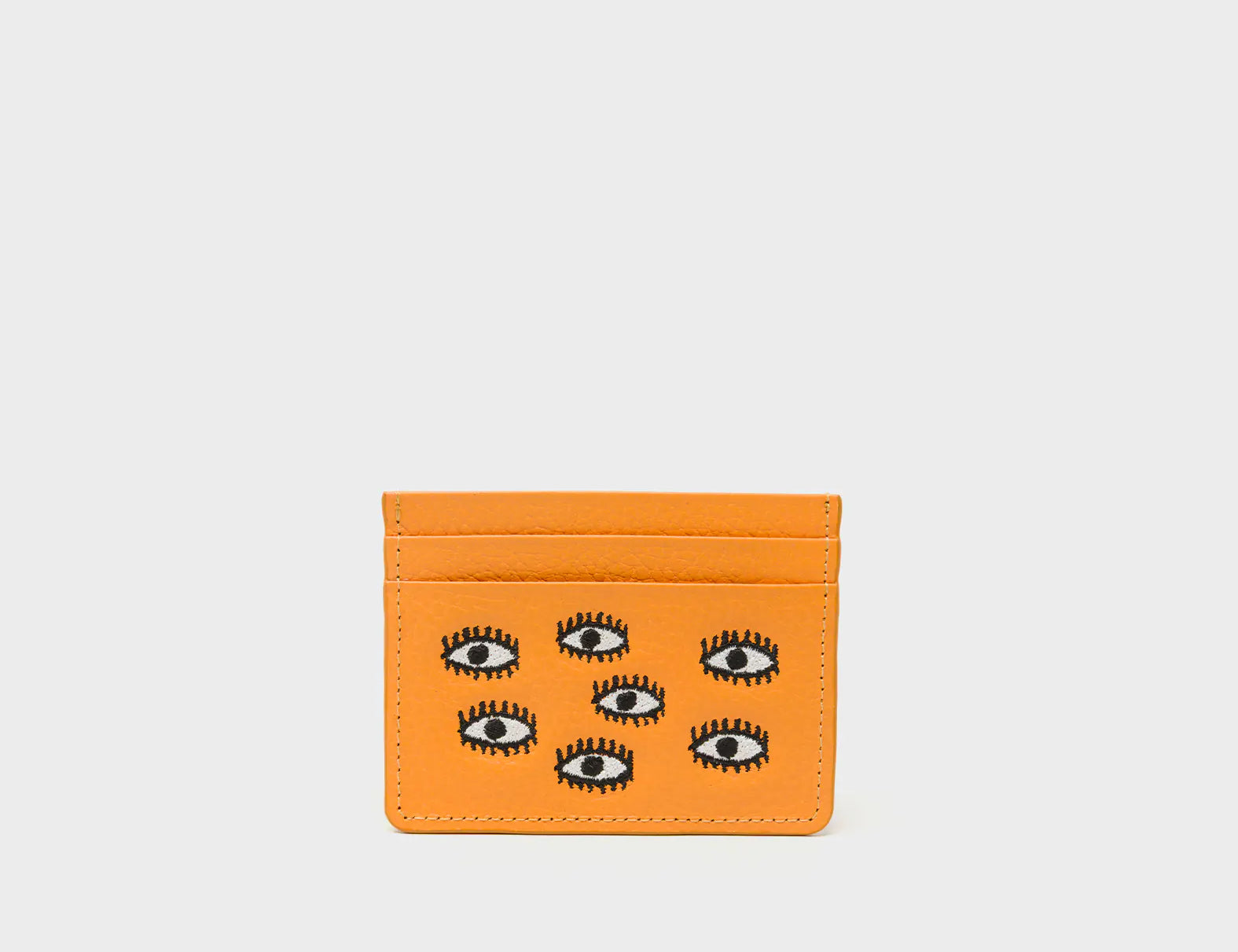 Filium Flamingo Orange Leather Cardholder - All Over Eyes Embroidery - Front View