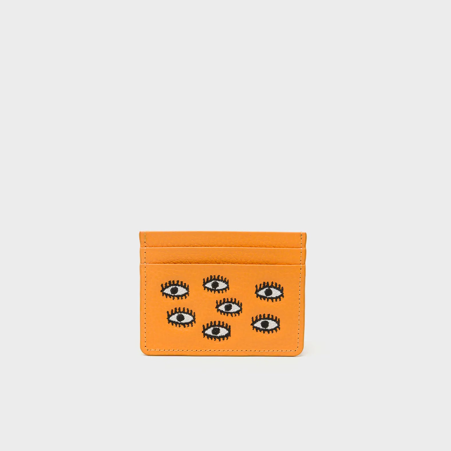 Filium Flamingo Orange Leather Cardholder - All Over Eyes Embroidery - Front View