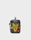 Florence Pouch Charm - Black Leather Keychain Tiger and Flowers Embroidery