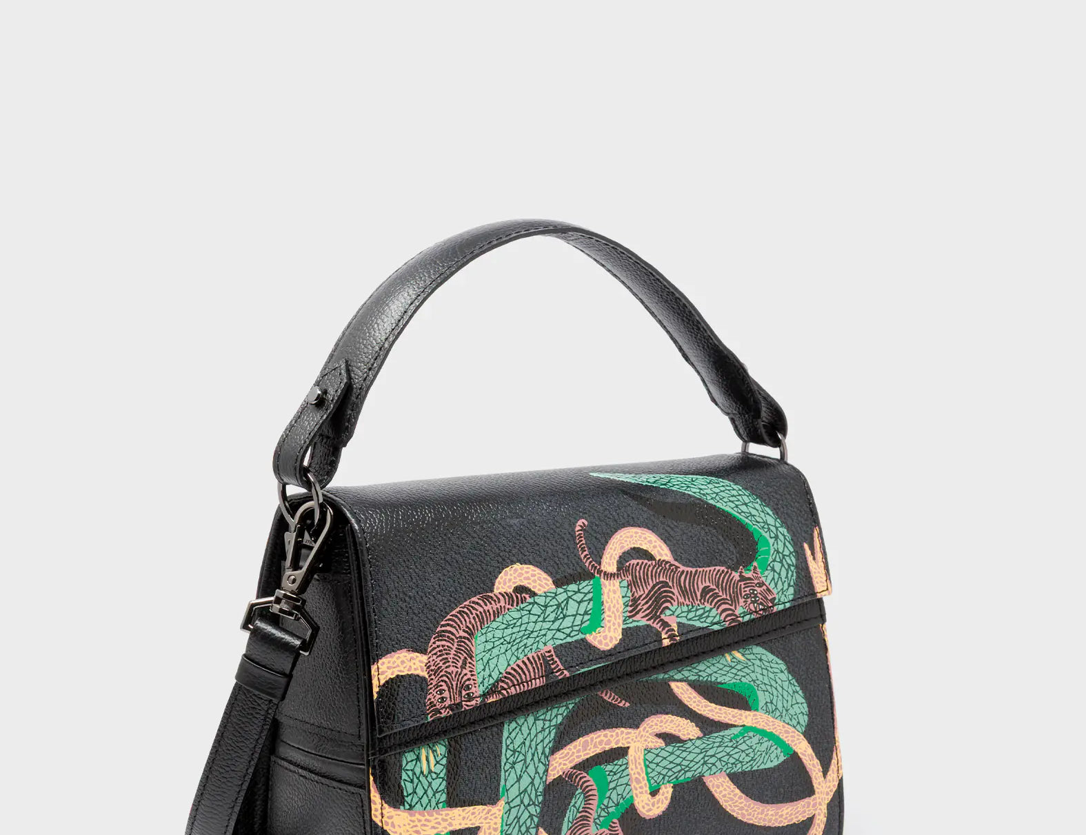 Anastasio Mini Crossbody Handbag Black Leather - Tiger and Snake Print - Main View