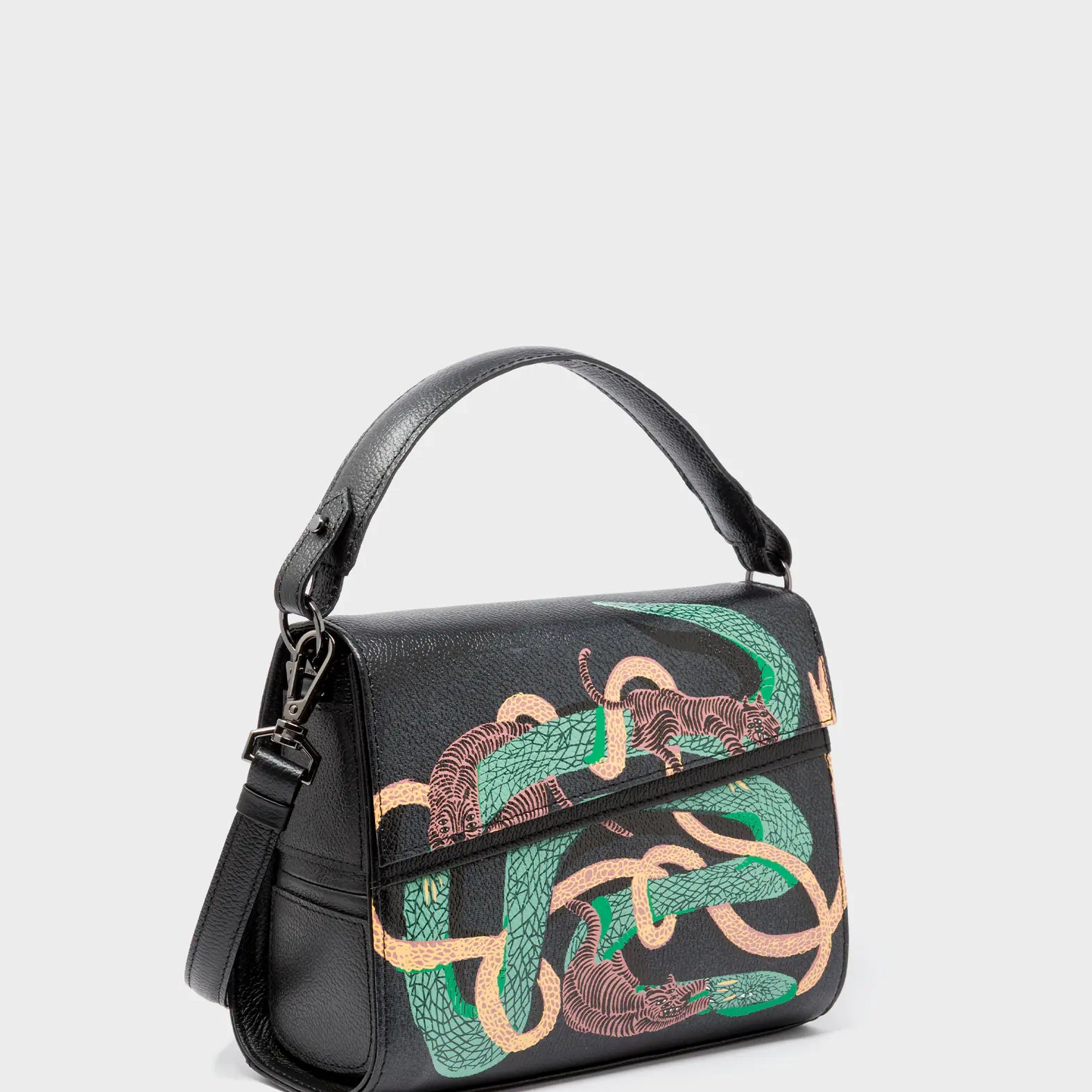 Anastasio Mini Crossbody Handbag Black Leather - Tiger and Snake Print - Main View