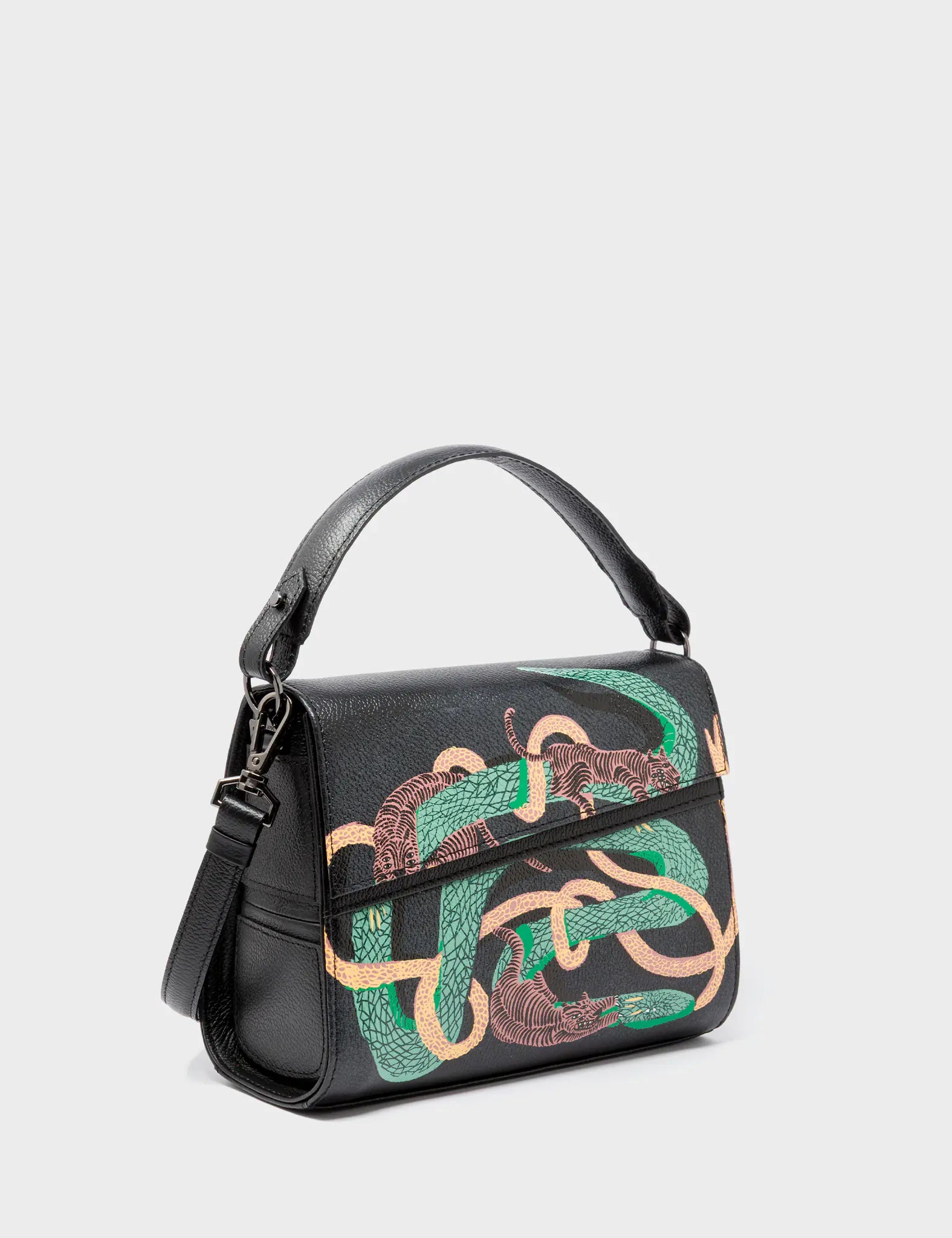 Anastasio Mini Crossbody Handbag Black Leather - Tiger and Snake Print - Main View