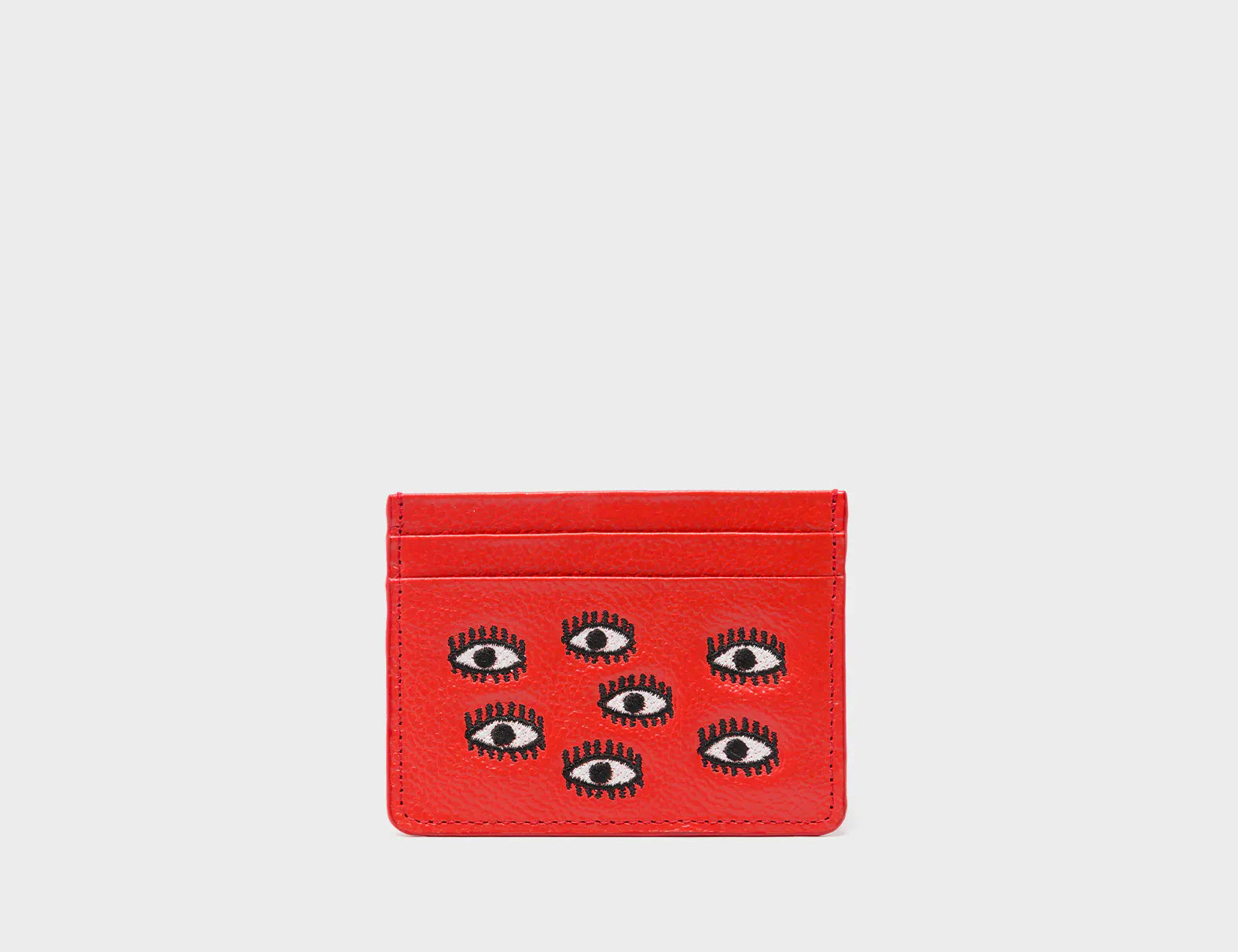 Filium Poppy Red Leather Cardholder - All Over Eyes Embroidery - Front