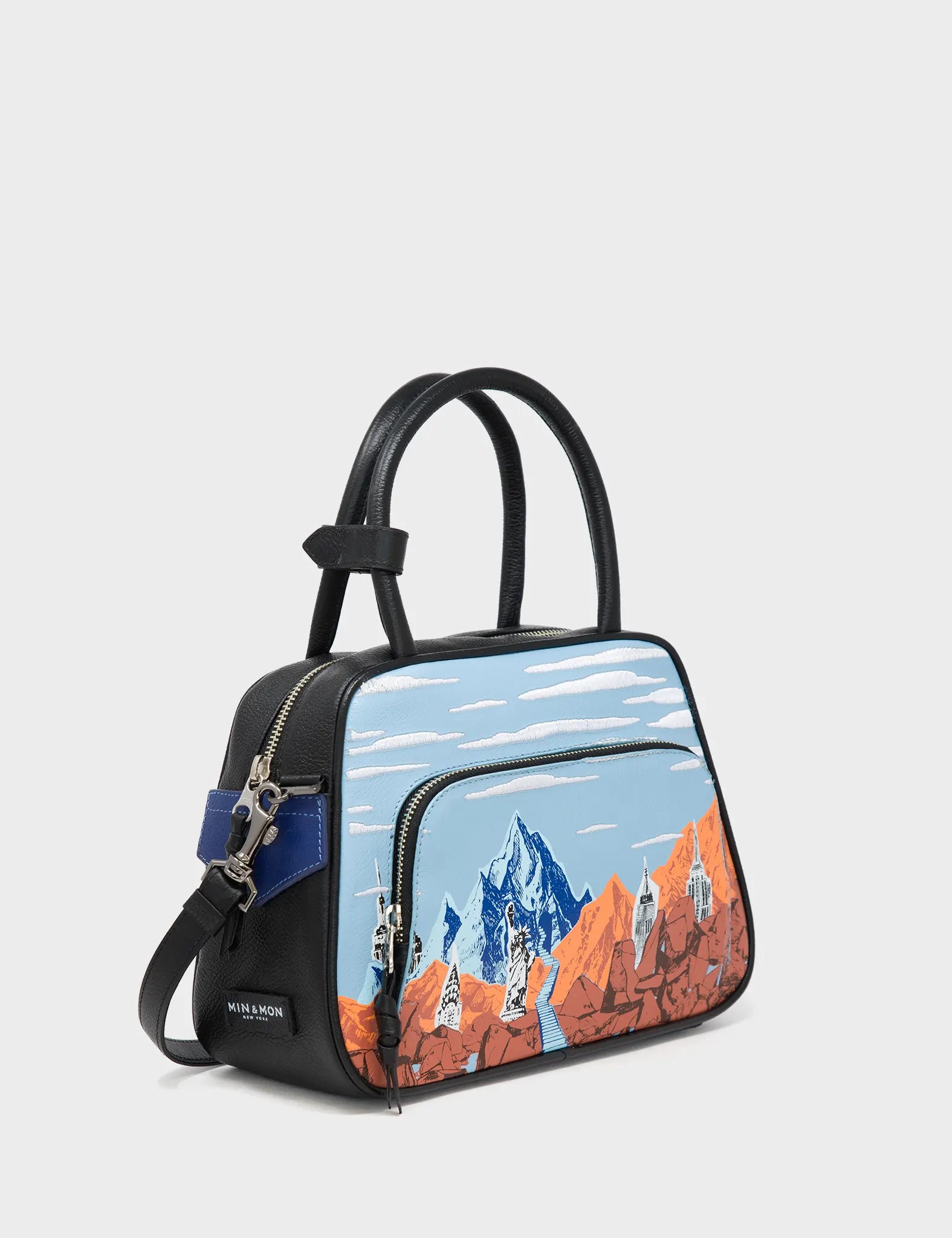 Blue Crossbody Leather Bag - Mountains, Flowers and Clouds Design