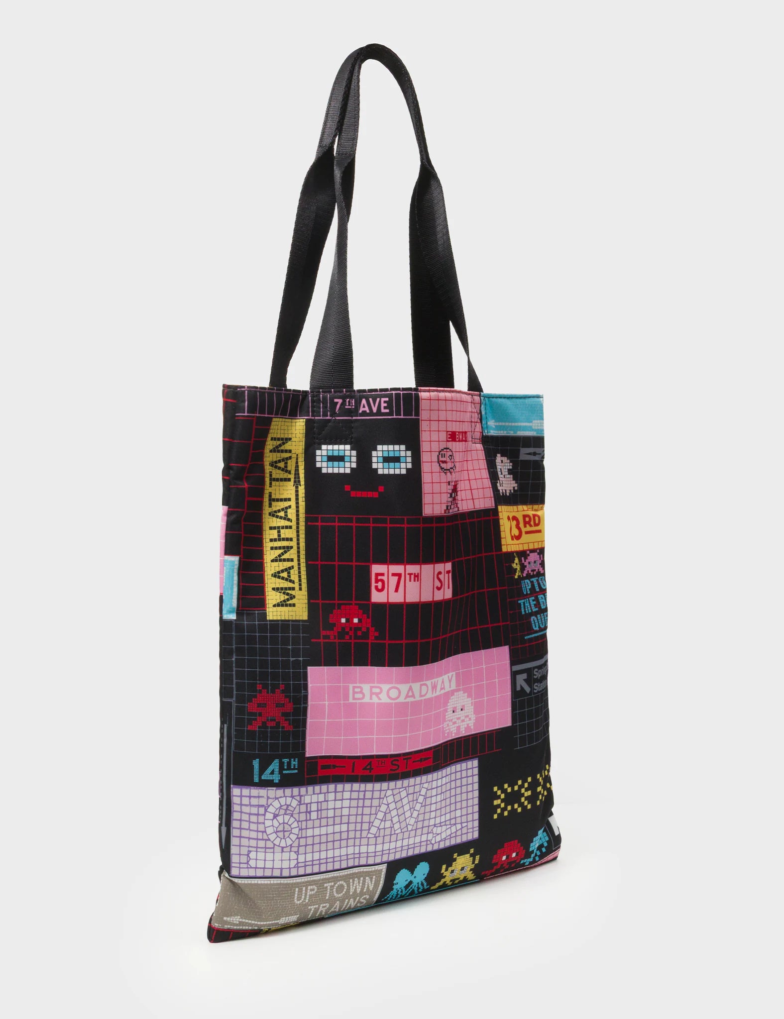 The Everyday Tote Bag - Black Cyclepet Fabric Subway Stories Print - Main View