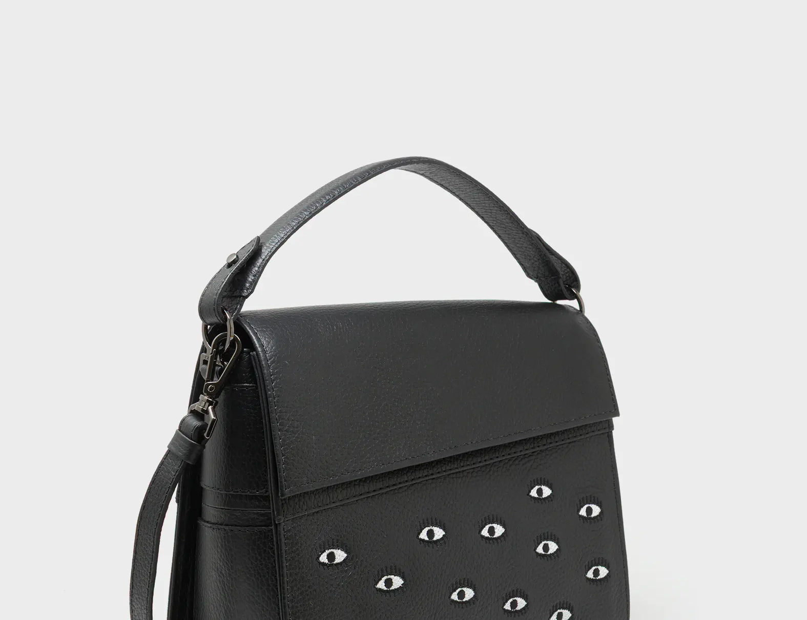 Anastasio Medium Crossbody Handbag Black Leather - All Over Eyes Embroidery - Main View