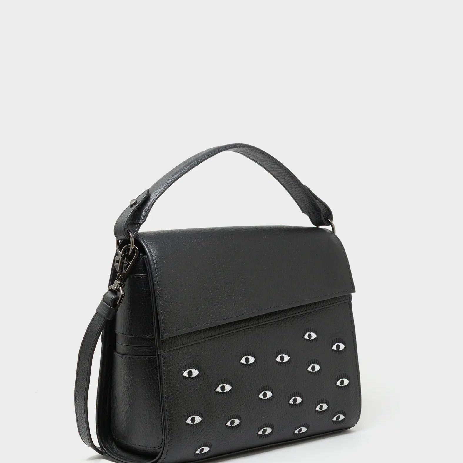 Anastasio Medium Crossbody Handbag Black Leather - All Over Eyes Embroidery - Main View