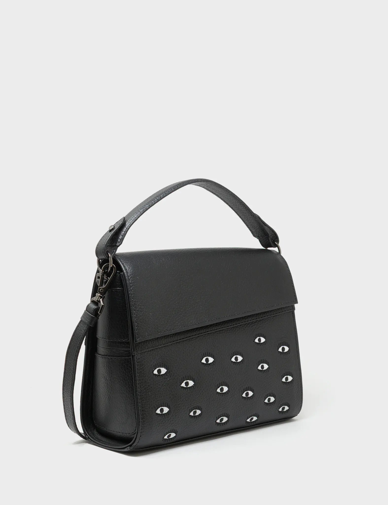 Anastasio Medium Crossbody Handbag Black Leather - All Over Eyes Embroidery - Main View