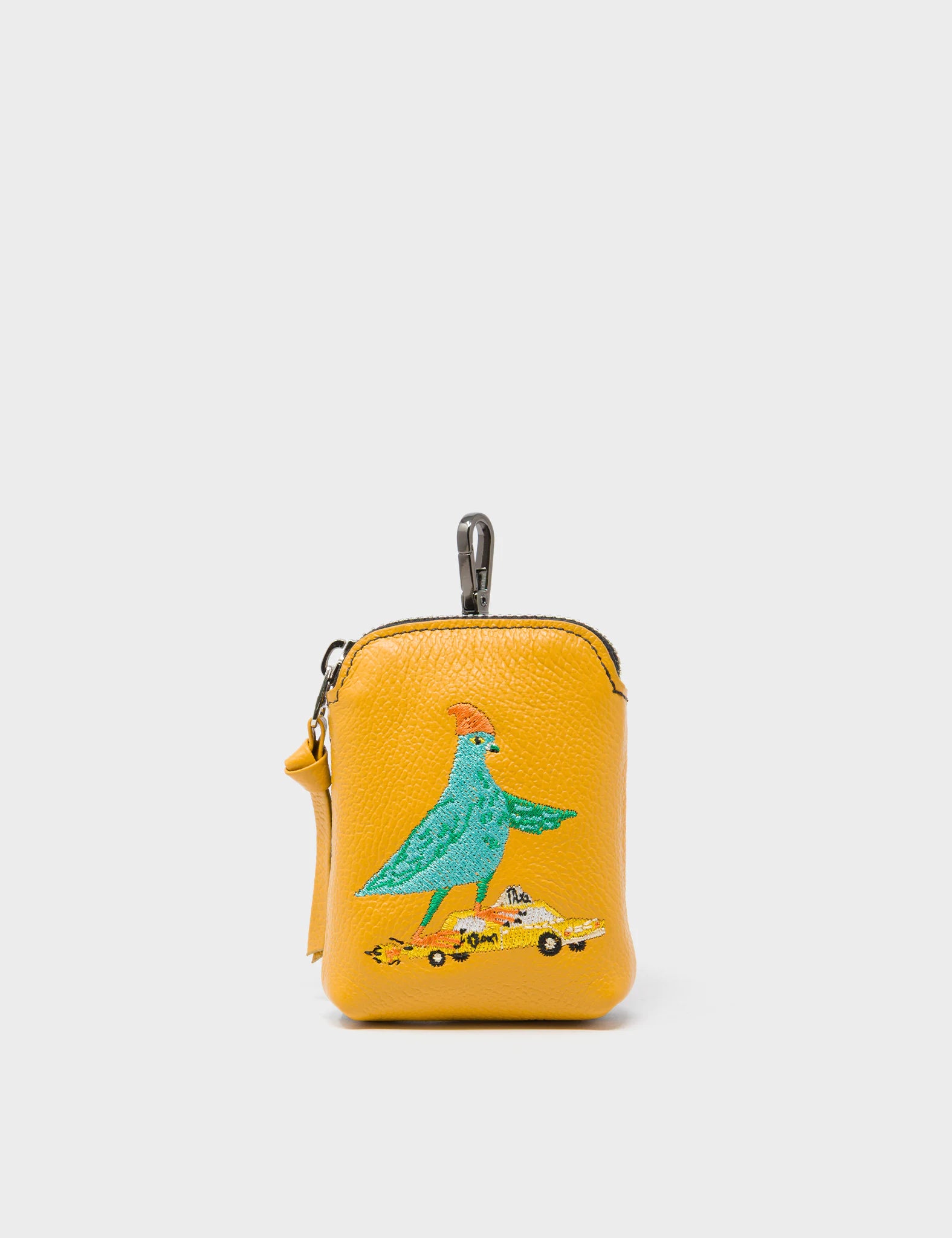 Florence Pouch Charm - Golden Glow Leather Keychain Pigeonista Embroidery - Front