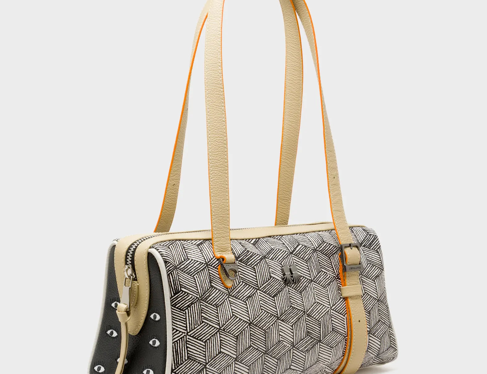 Esther Cream Satchel Mini Bag - All Over Eyes Embroidery and Cubes Print - Main View