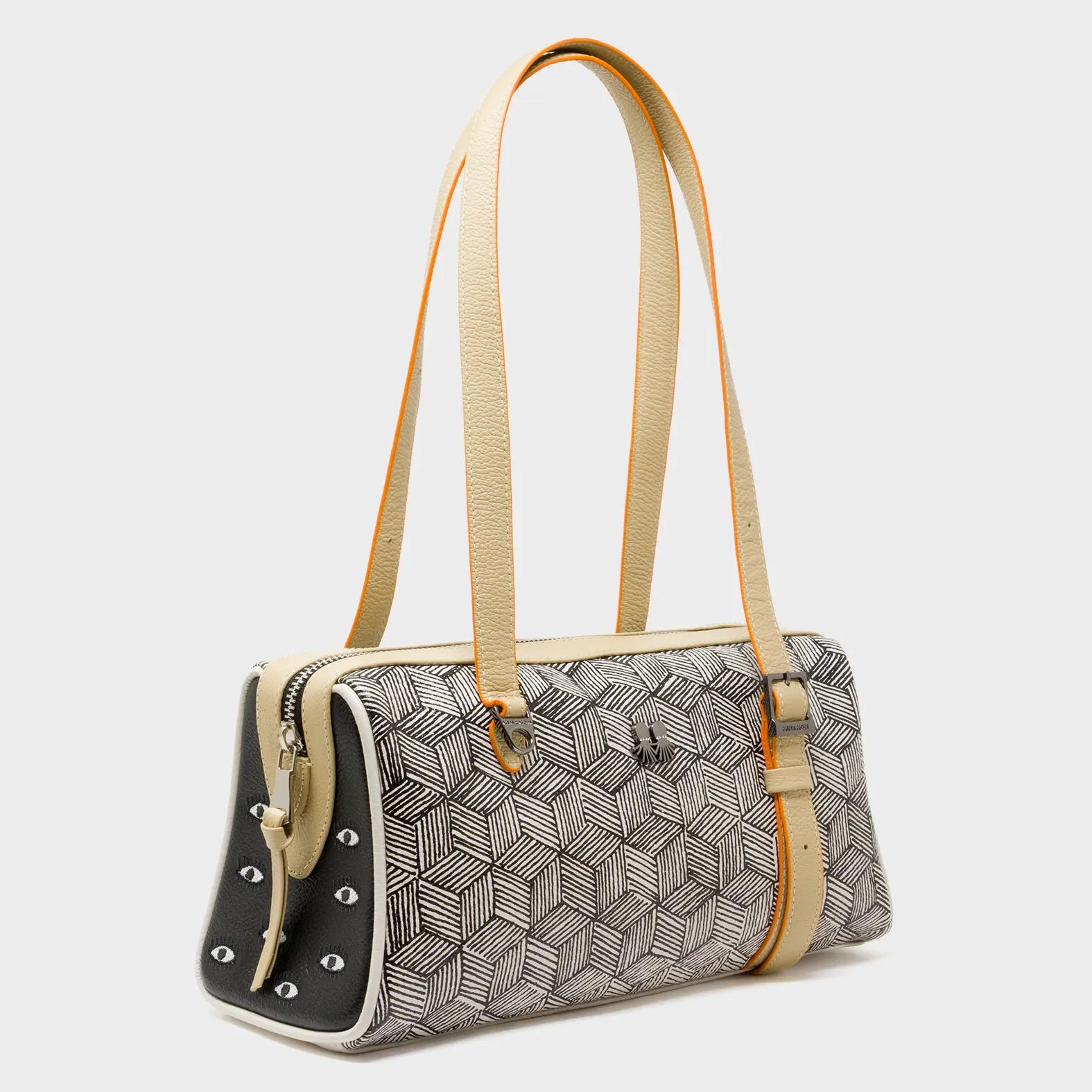 Esther Cream Satchel Mini Bag - All Over Eyes Embroidery and Cubes Print - Main View