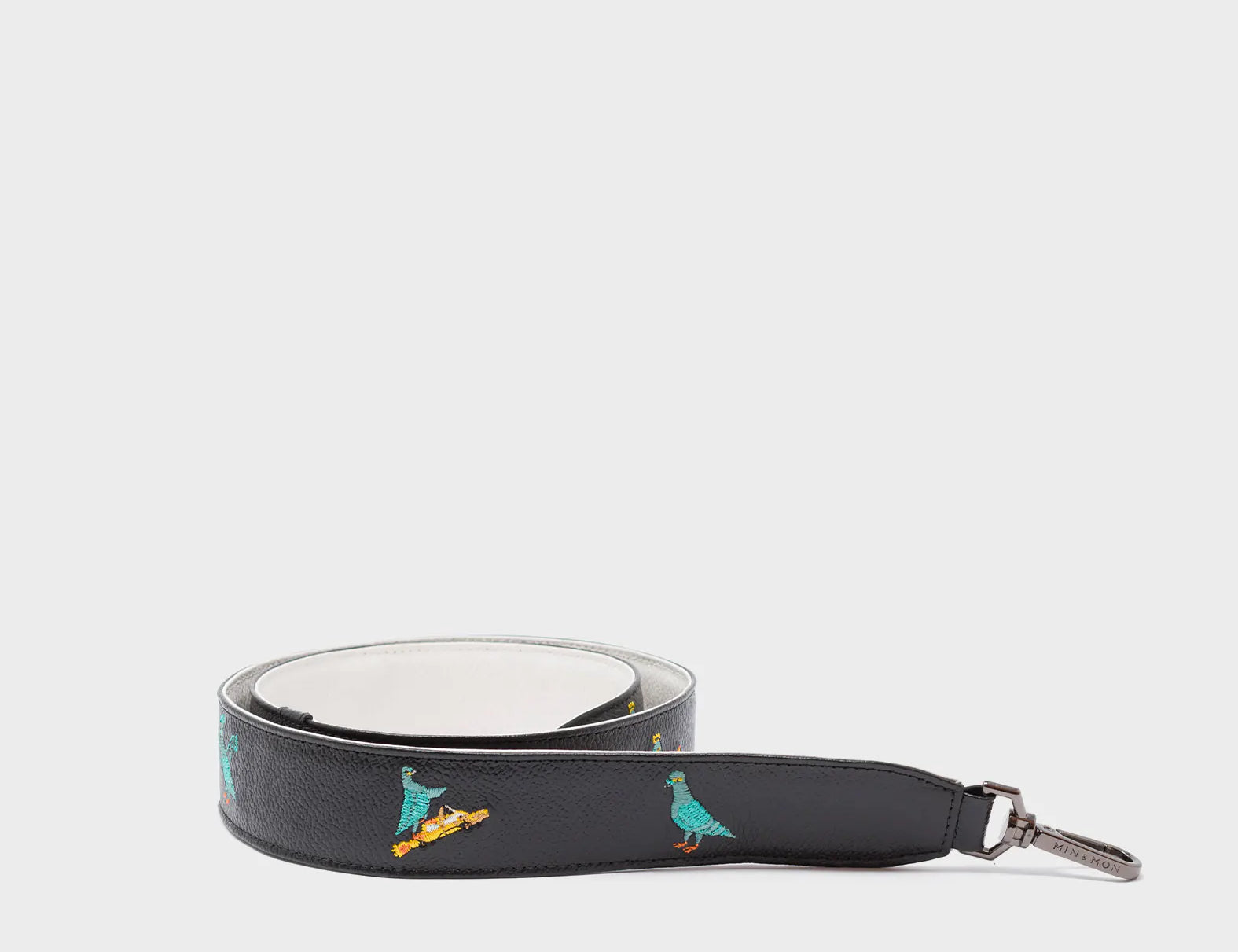 Detachable Black Leather Shoulder Strap - Pigeonzilla Embroidery - Product View