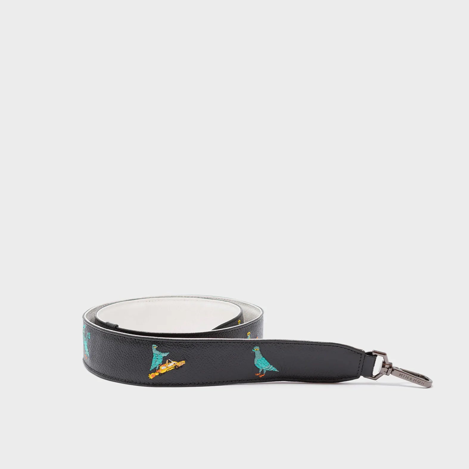 Detachable Black Leather Shoulder Strap - Pigeonzilla Embroidery - Product View