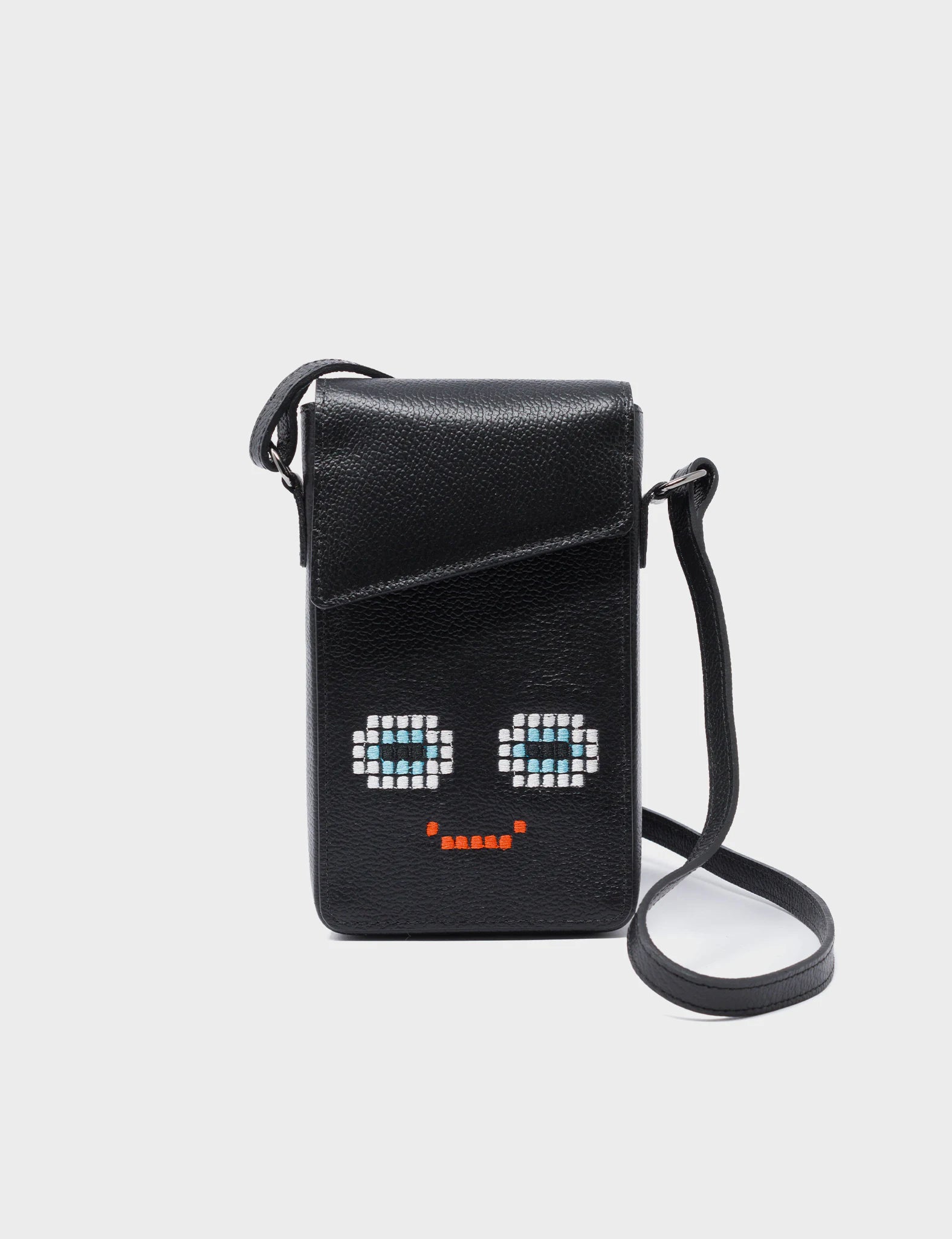 Max Black Cellphone Crossbody Pouch - Happy Face Embroidery - Front View