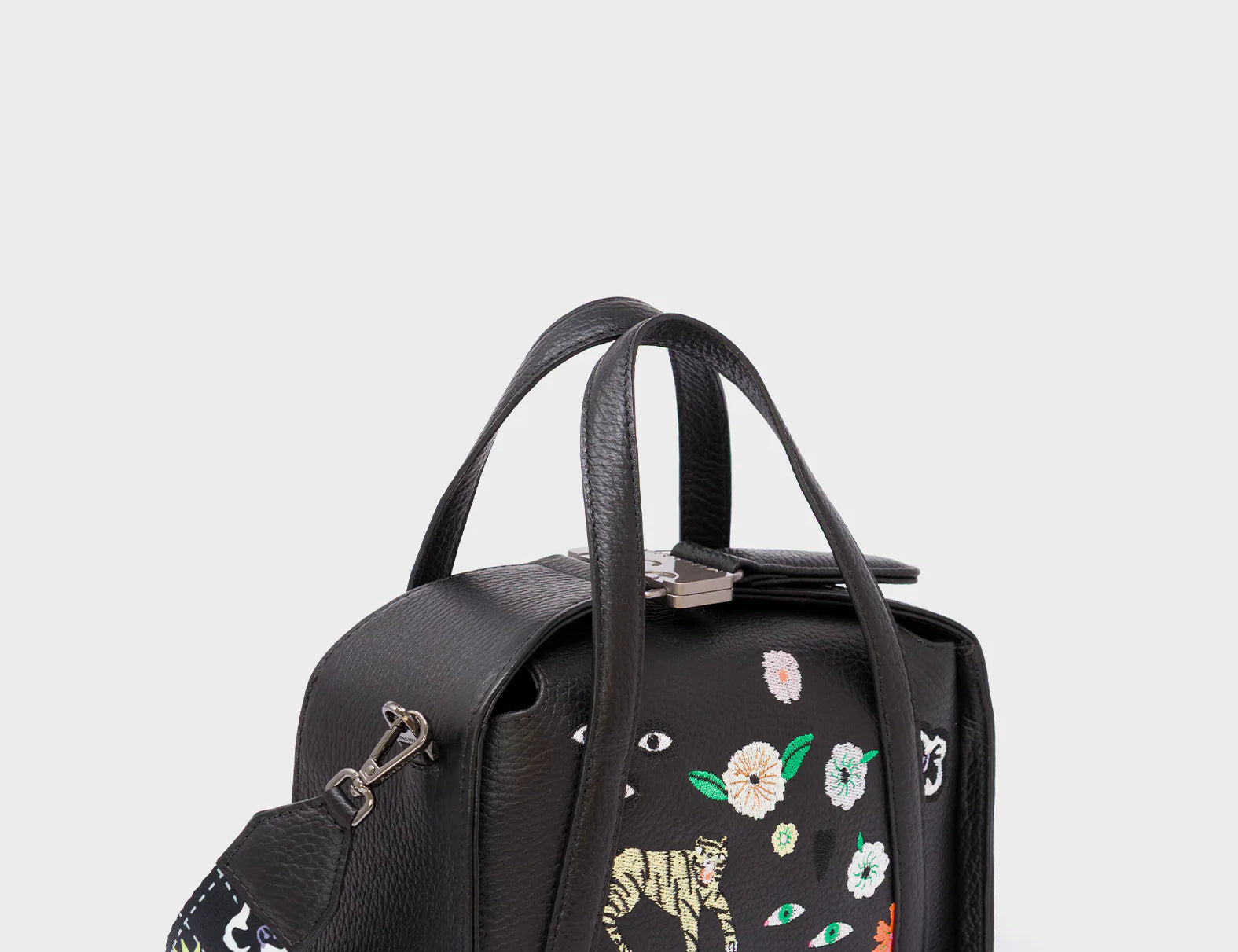 Benji Small Crossbody Black Leather Bag -  Floralia Embroidery - Main View