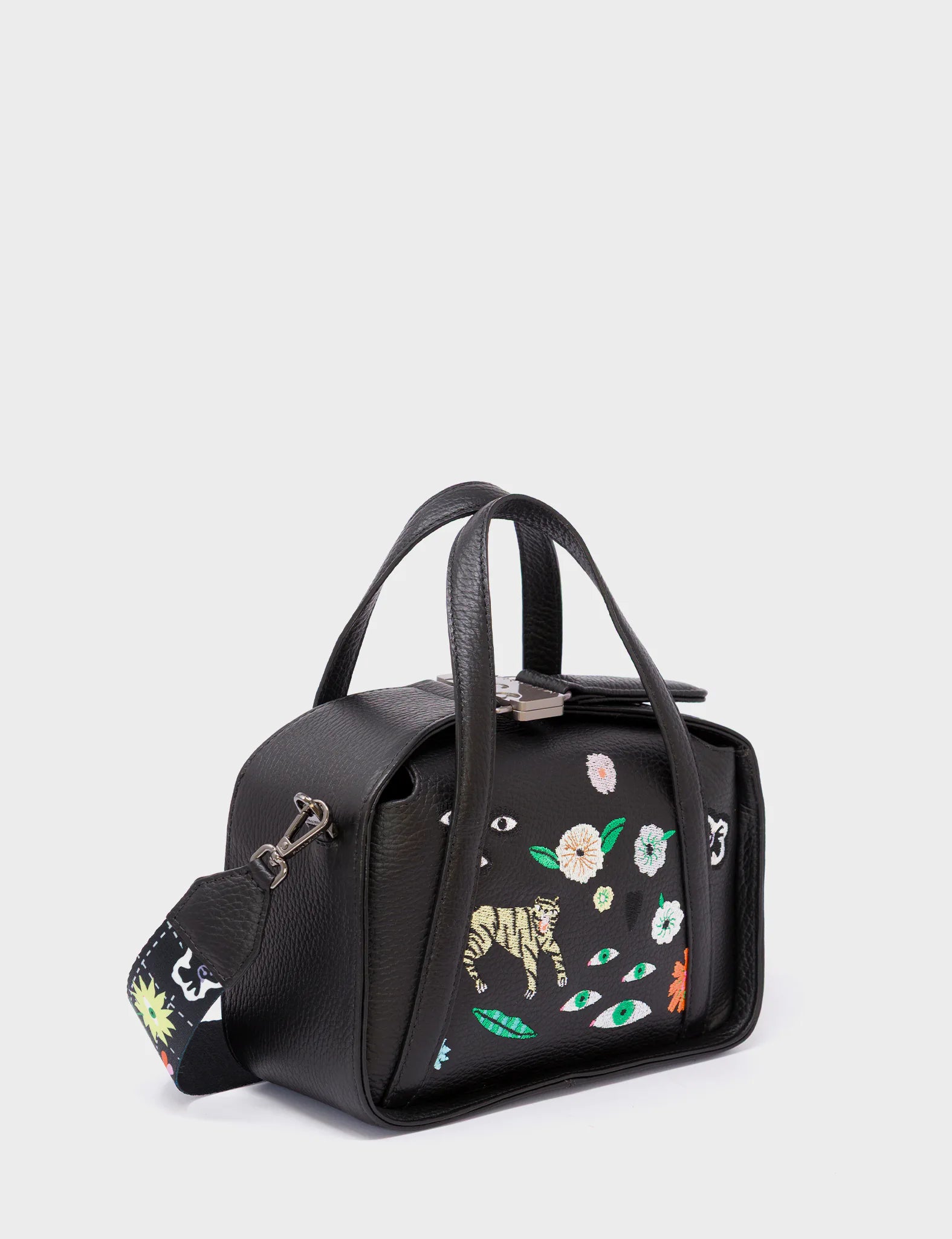 Benji Small Crossbody Black Leather Bag -  Floralia Embroidery - Main View
