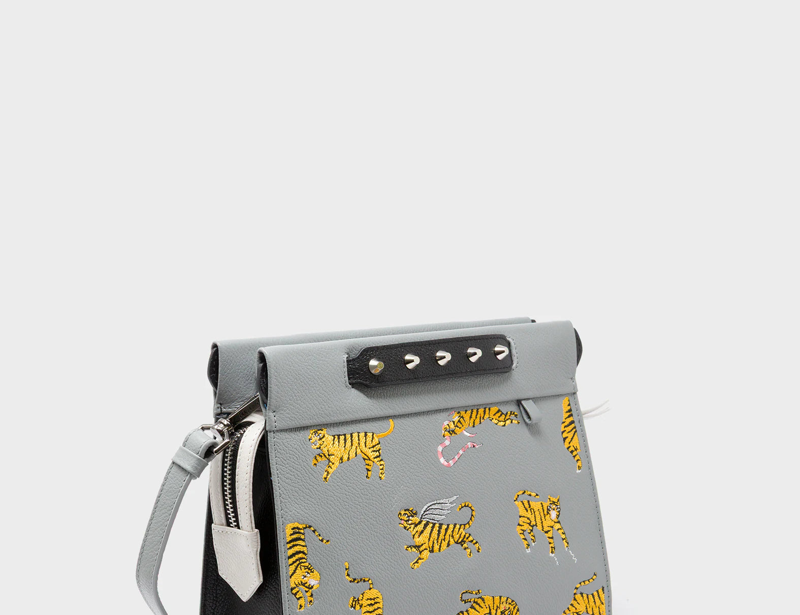 Vali Crossbody Small Gray Leather Bag - Tiger Rumble Embroidery - Main