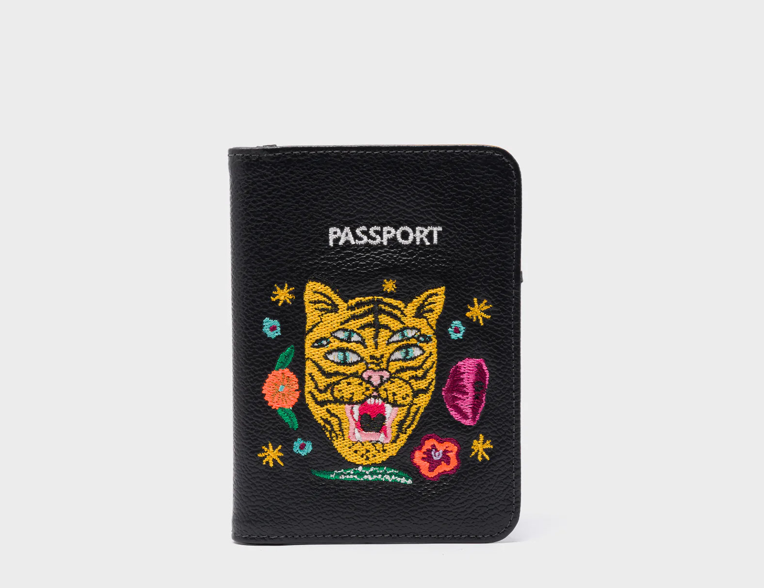 Frida Black Leather Passport Cover - Tiger and Flowers Embroidery - Front View